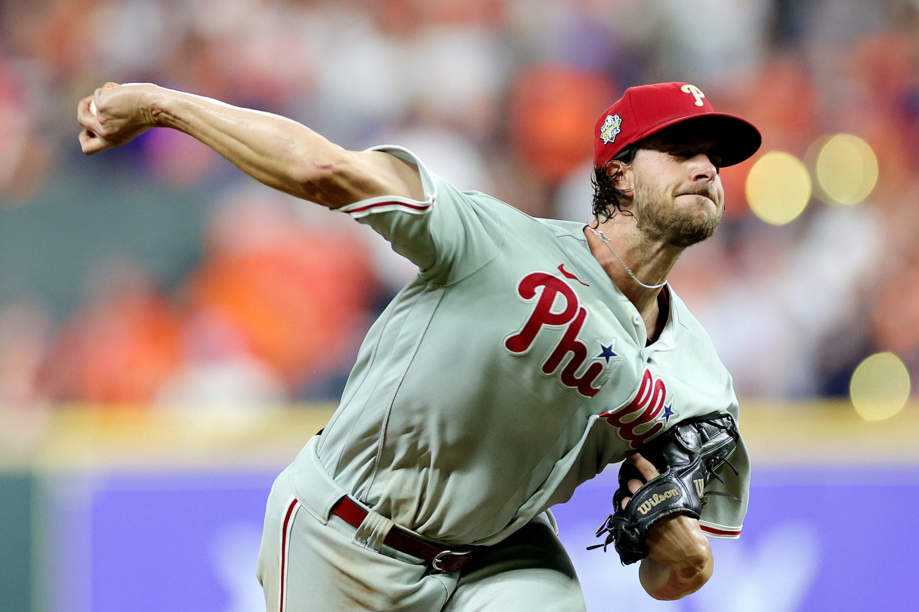 HOUSTON, TEXAS - OCTOBER 28: Aaron Nola #27 of the Philadelphia Phillies pitches in the third inning against the Houston Astros in Game One of the 2022 World Series at Minute Maid Park on October 28, 2022 in Houston, Texas. (Photo by Carmen Mandato/Getty Images)