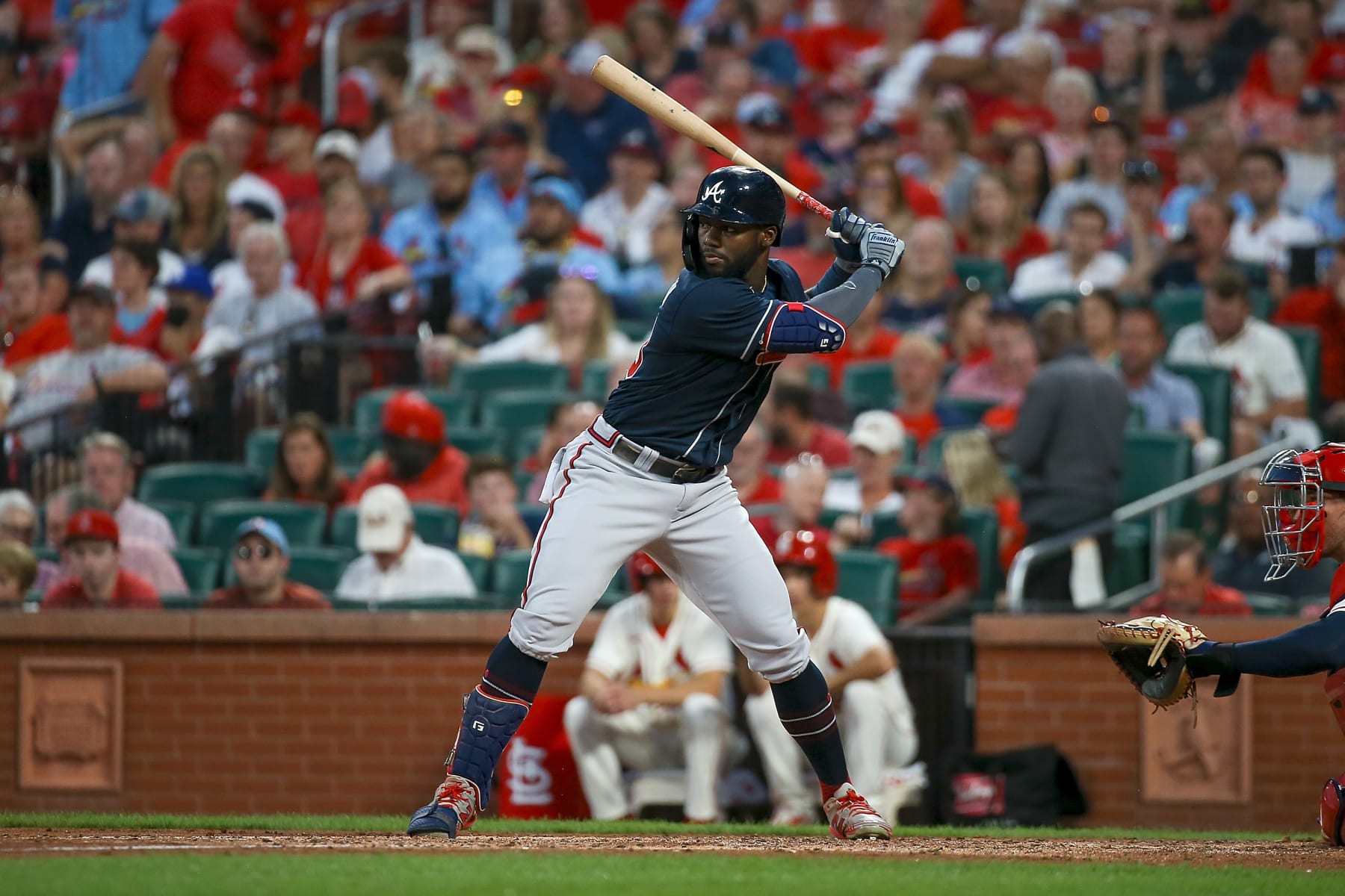 ST. LOUIS, MO - AUGUST 27: Michael Harris II #23 of the Atlanta Braves bats during the fourth inning against the St. Louis Cardinals at Busch Stadium on August 27, 2022 in St. Louis, Missouri. (Photo by Scott Kane/Getty Images)