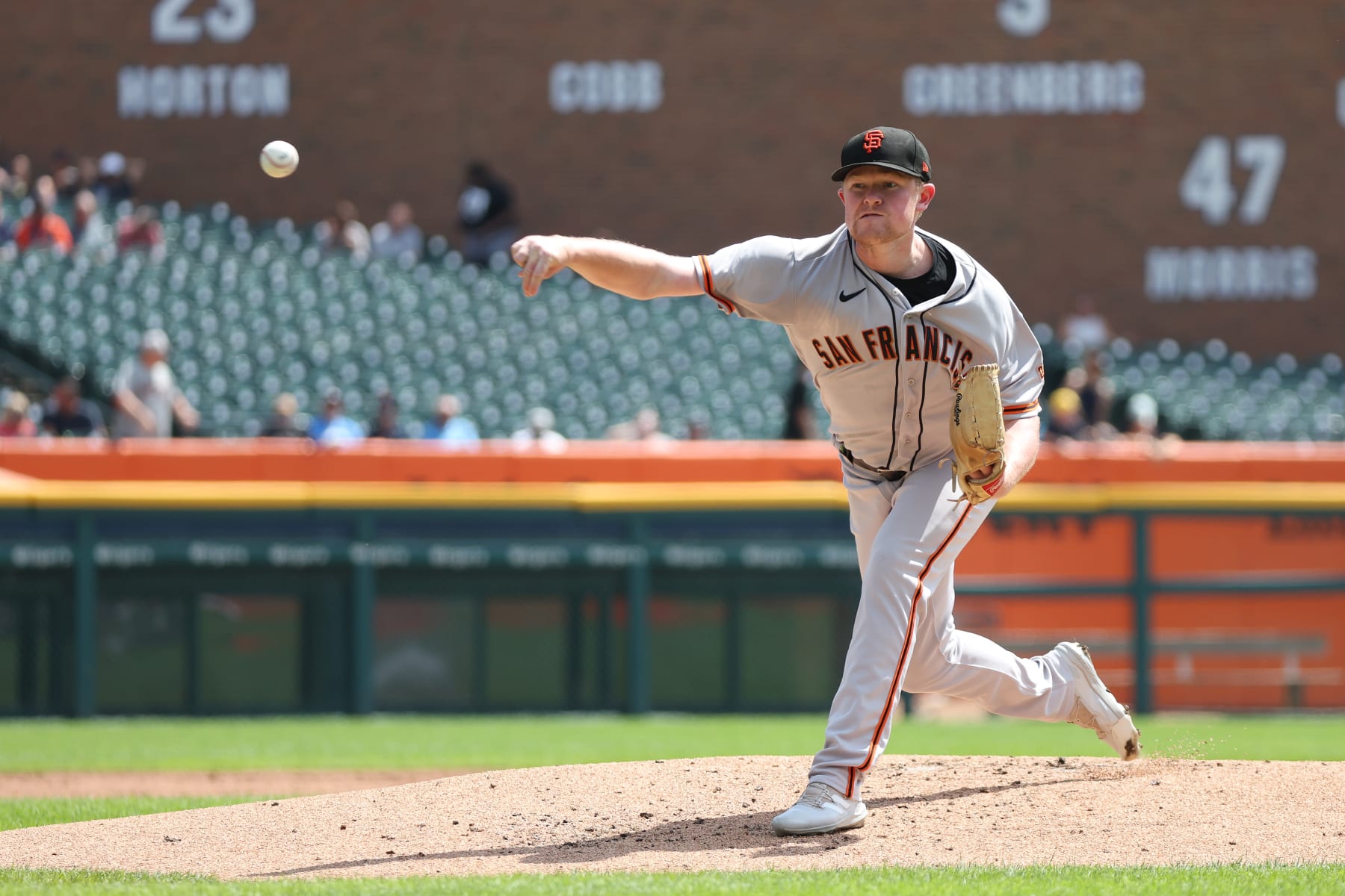 DETROIT, MICHIGAN - AUGUST 24: Logan Webb #62 of the San Francisco Giants throws a pitch against the Detroit Tigers at Comerica Park on August 24, 2022 in Detroit, Michigan. (Photo by Gregory Shamus/Getty Images)