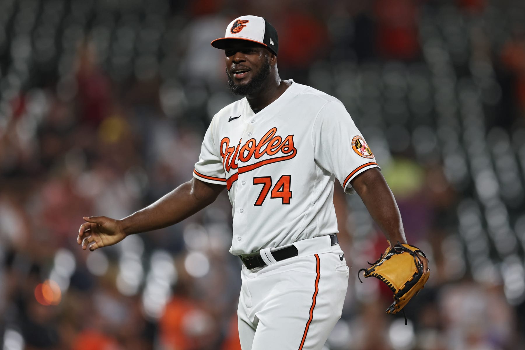 BALTIMORE, MARYLAND - AUGUST 23: Pitcher Felix Bautista #74 of the Baltimore Orioles celebrates after the final out of the game against the Chicago White Sox during the ninth inning at Oriole Park at Camden Yards on August 23, 2022 in Baltimore, Maryland. (Photo by Patrick Smith/Getty Images)