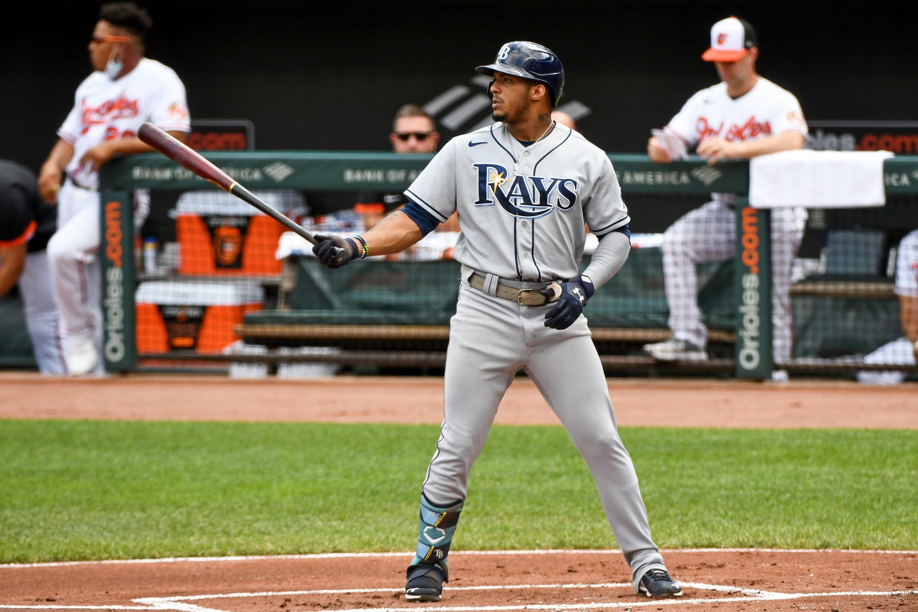 BALTIMORE, MD - AUGUST 29, 2021: Wander Franco #5 of the Tampa Bay Rays bats during the first inning against the Baltimore Orioles on August 29, 2021 at Oriole Park at Camden Yards in Baltimore, Maryland. (Photo by Chris Bernacchi/Diamond Images via Getty Images)