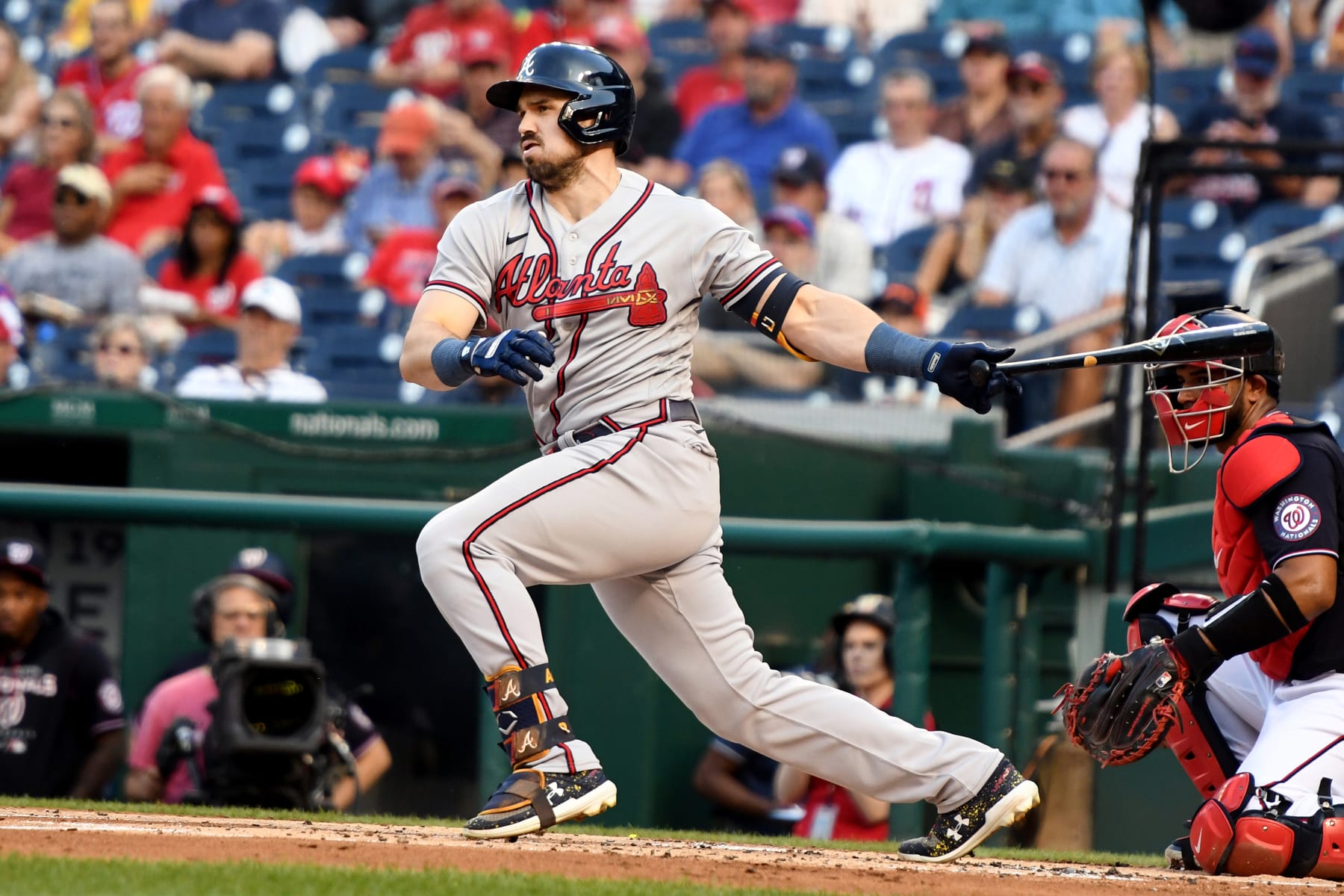 WASHINGTON, DC - JULY 15:  Adam Duvall #14 of the Atlanta Braves takes a swing during a baseball game against the Washington Nationals at Nationals Park on July 15, 2022 in Washington, DC.  (Photo by Mitchell Layton/Getty Images)