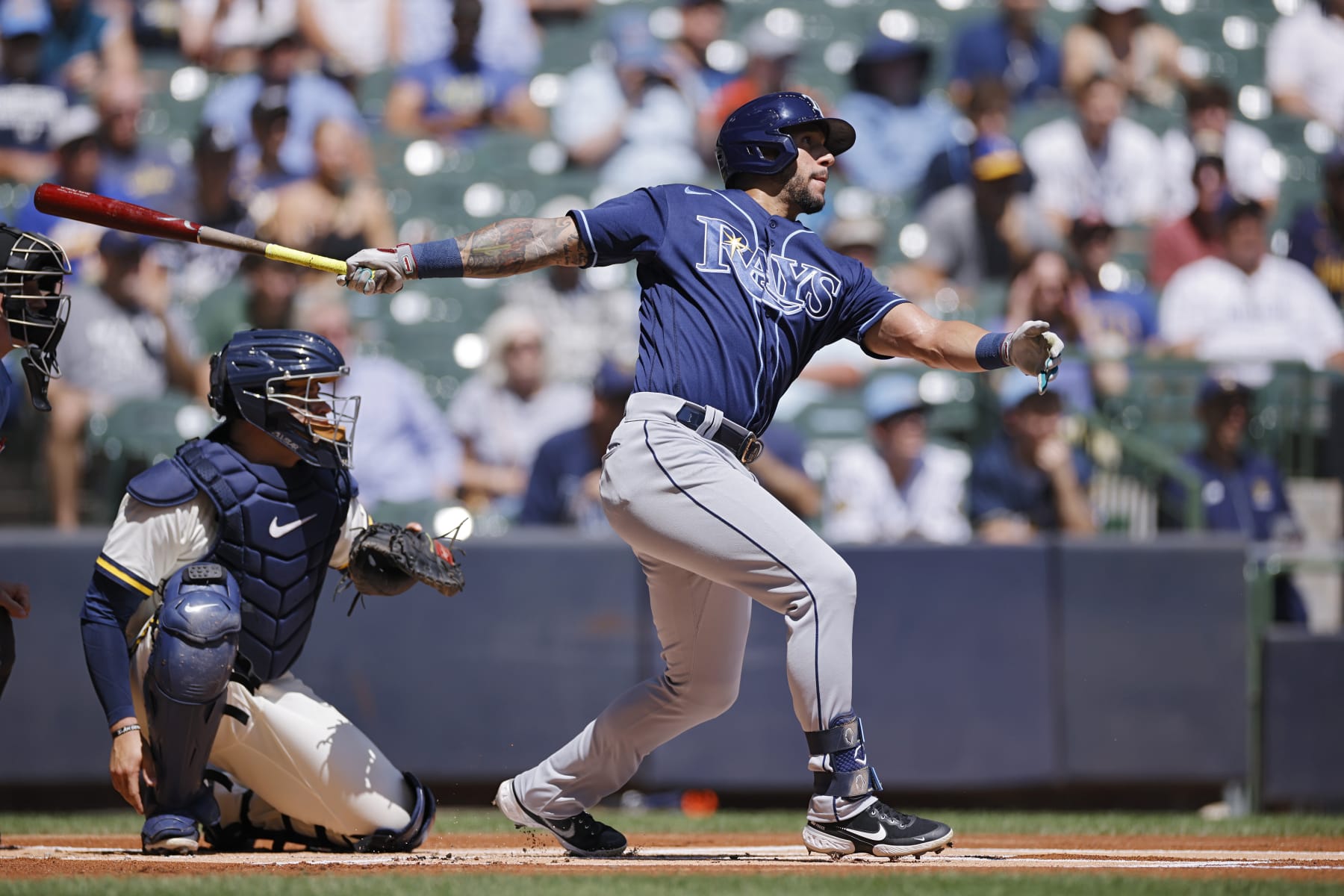 MILWAUKEE, WI - AUGUST 10: Tampa Bay Rays left fielder David Peralta (6) bats during an MLB game against the Milwaukee Brewers on August 10, 2022 at American Family Field in Milwaukee, Wisconsin. (Photo by Joe Robbins/Icon Sportswire via Getty Images)