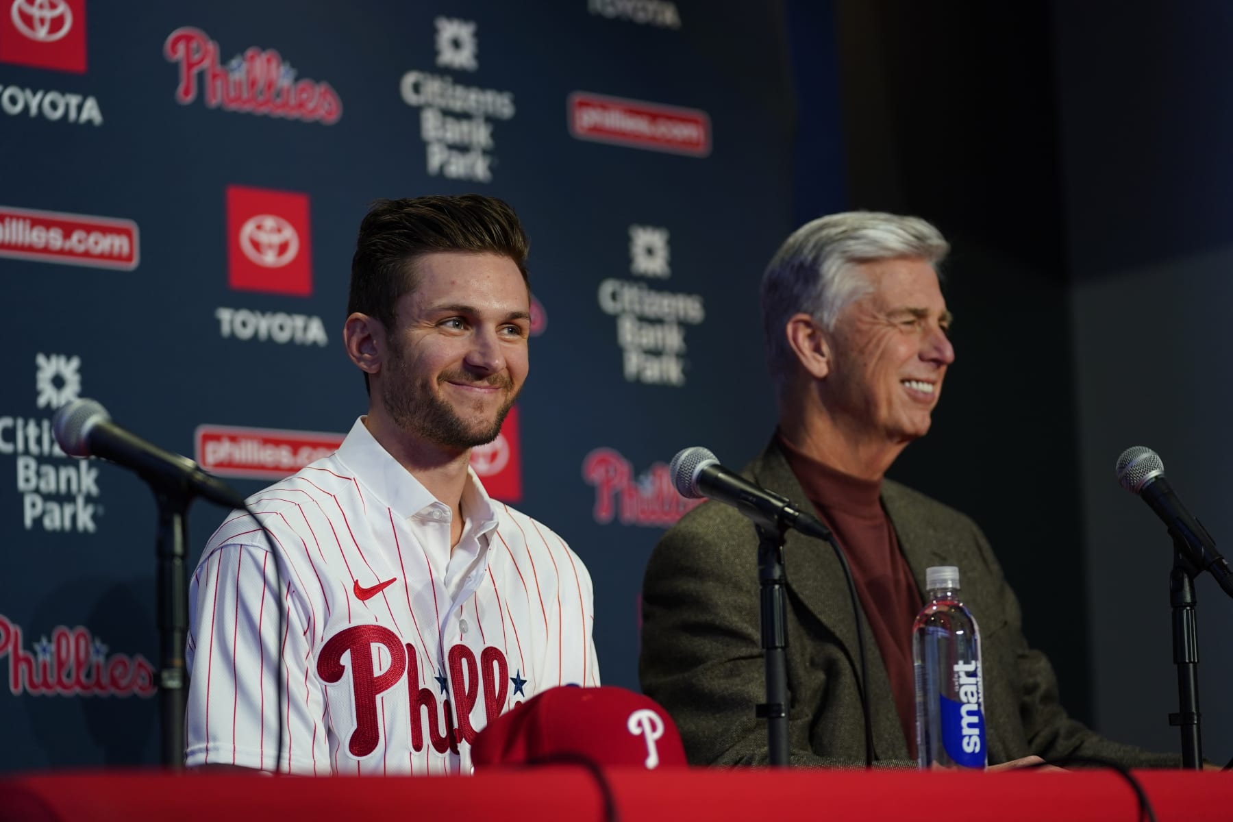 Philadelphia Phillies shortstop Trea Turner, left, speaks during his introductory news conference with president of baseball operations David Dombrowski, Thursday, Dec. 8, 2022, in Philadelphia. (AP Photo/Matt Slocum)