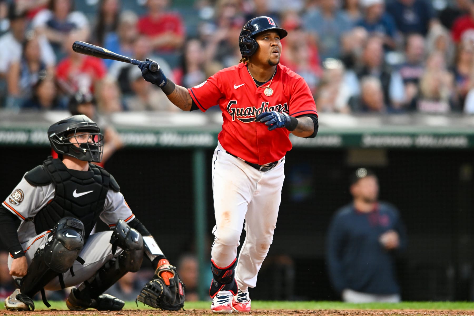 CLEVELAND, OH - AUGUST 31: José Ramírez #11 of the Cleveland Guardians bats during the fifth inning against the Baltimore Orioles at Progressive Field on August 31, 2022 in Cleveland, Ohio. (Photo by Nick Cammett/Diamond Images via Getty Images)
