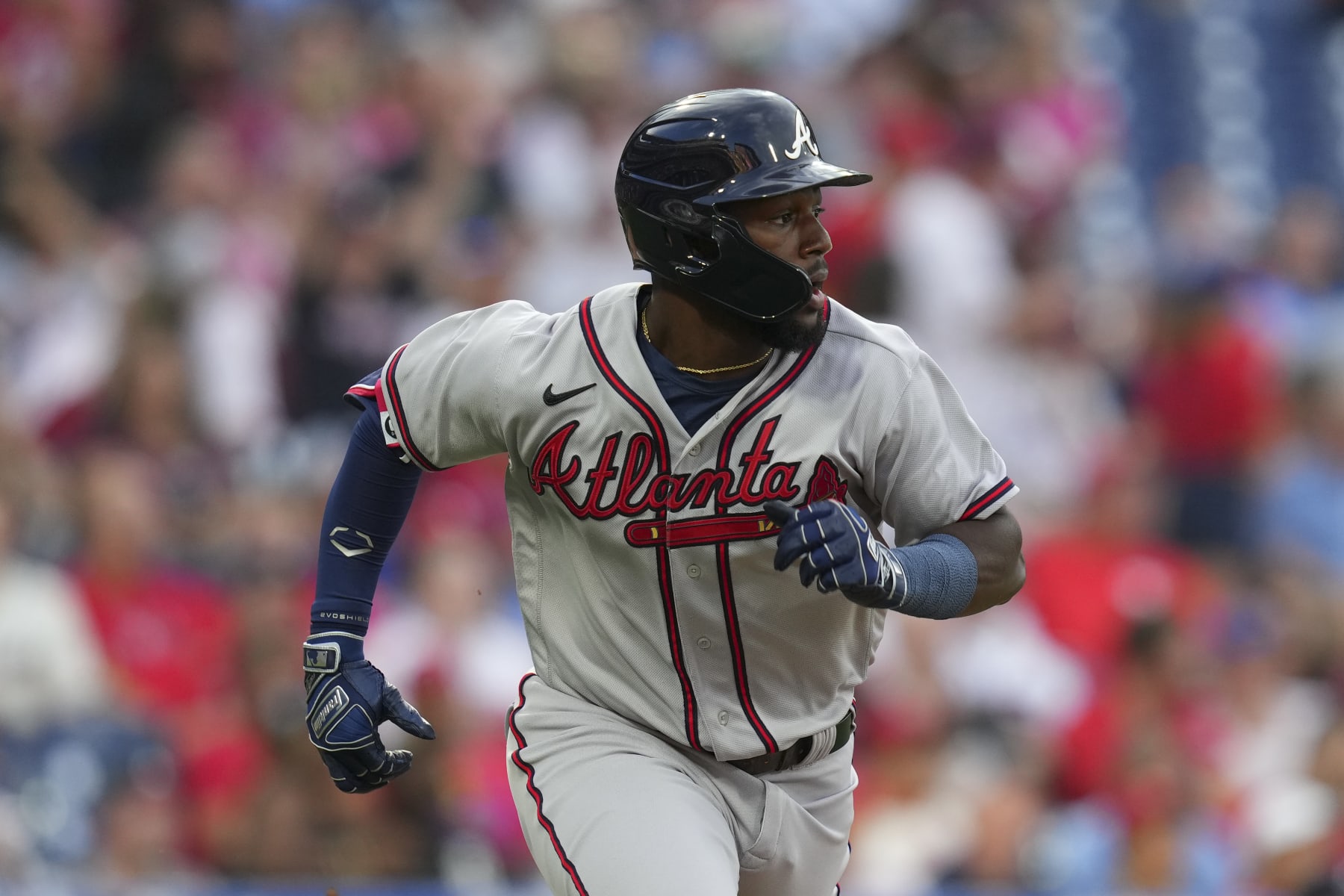 PHILADELPHIA, PA - JUNE 28: Michael Harris II #23 of the Atlanta Braves runs to first base against the Philadelphia Phillies at Citizens Bank Park on June 28, 2022 in Philadelphia, Pennsylvania. (Photo by Mitchell Leff/Getty Images)