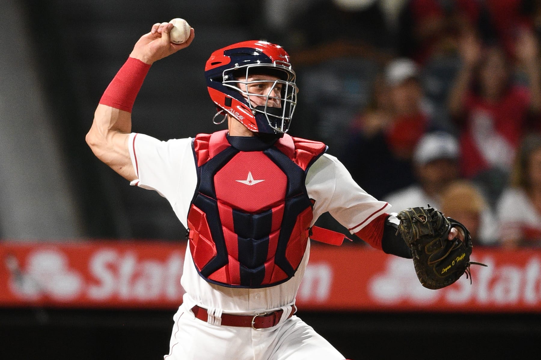 ANAHEIM, CA - SEPTEMBER 30: Los Angeles Angels catcher Logan O'Hoppe (14) throws to second base during the MLB game between the Texas Rangers and the Los Angeles Angels of Anaheim on September 30, 2022 at Angel Stadium of Anaheim in Anaheim, CA. (Photo by Brian Rothmuller/Icon Sportswire via Getty Images)