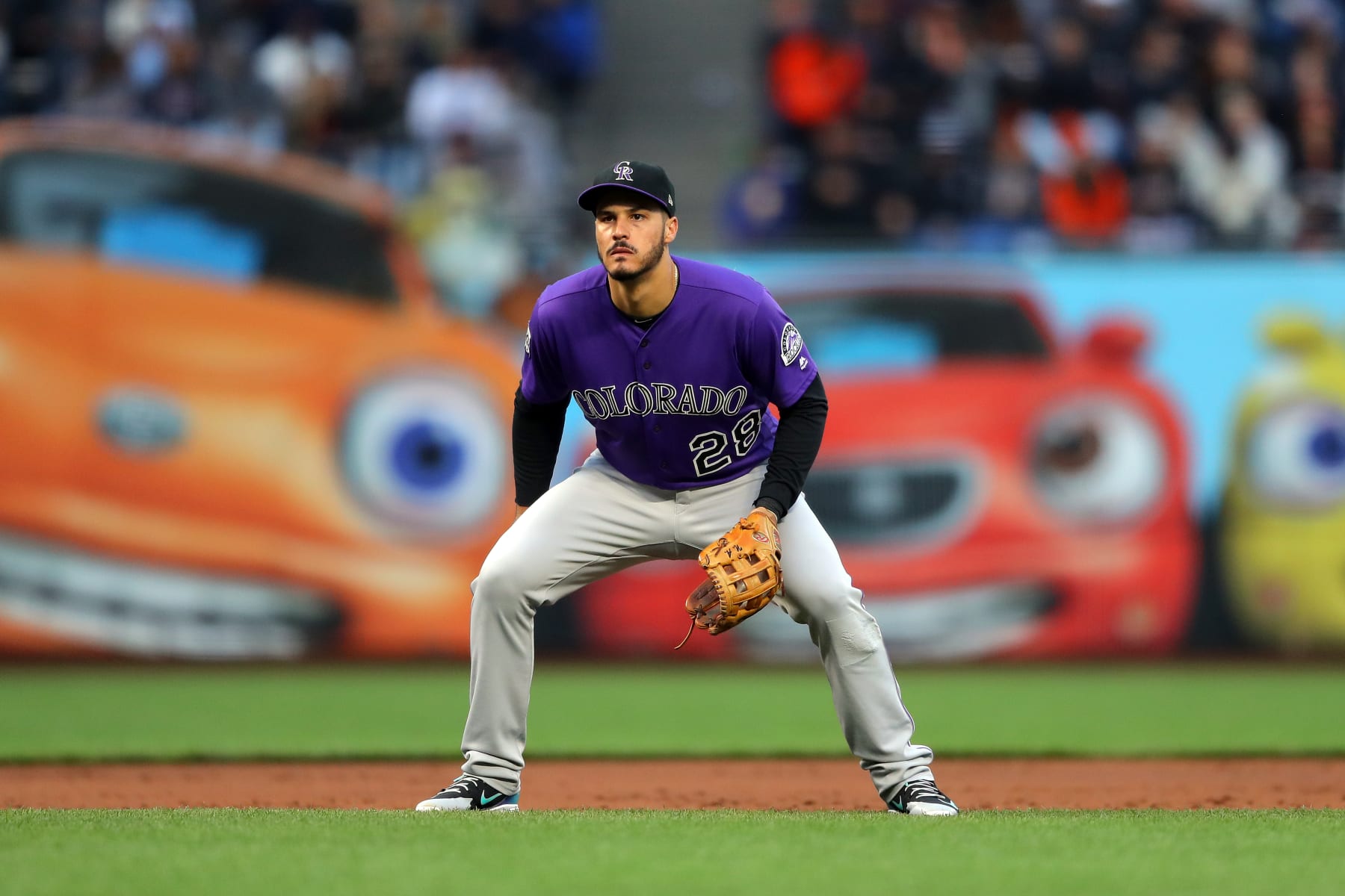 SAN FRANCISCO, CA - JUNE 27: Nolan Arenado #28 of the Colorado Rockies stands on defense during a game against the San Francisco Giants at AT&T Park on Wednesday, June 27, 2018 in San Francisco, California. (Photo by Alex Trautwig/MLB via Getty Images) 