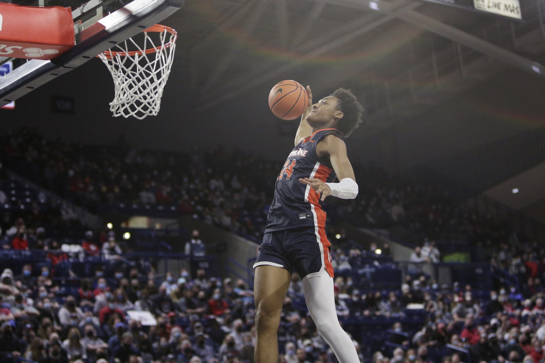 Pepperdine forward Maxwell Lewis goes up for a dunk during the second half of an NCAA college basketball game against Gonzaga, Saturday, Jan. 8, 2022, in Spokane, Wash. (AP Photo/Young Kwak)
