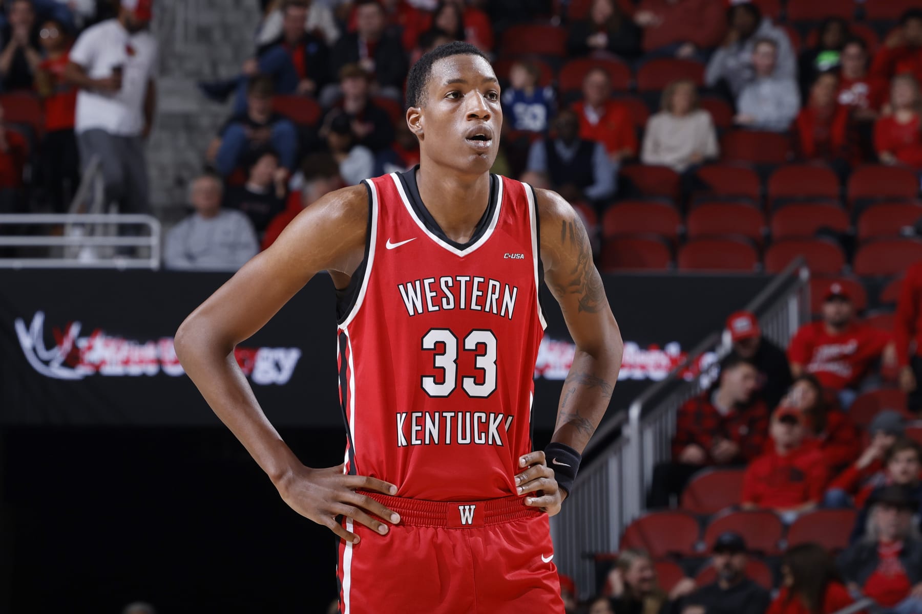 LOUISVILLE, KY - DECEMBER 14: Western Kentucky Hilltoppers center Jamarion Sharp (33) looks on during a college basketball game against the Louisville Cardinals on December 14, 2022 at KFC Yum! Center in Louisville, Kentucky. (Photo by Joe Robbins/Icon Sportswire via Getty Images)
