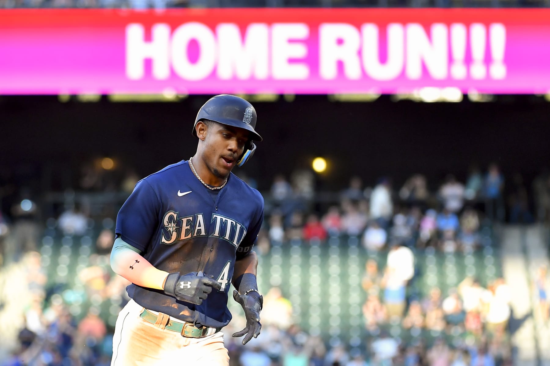 SEATTLE, WASHINGTON - JUNE 30: Julio Rodriguez #44 of the Seattle Mariners rounds the bases after hitting a solo home run during the third inning against the Oakland Athletics at T-Mobile Park on June 30, 2022 in Seattle, Washington. (Photo by Alika Jenner/Getty Images)