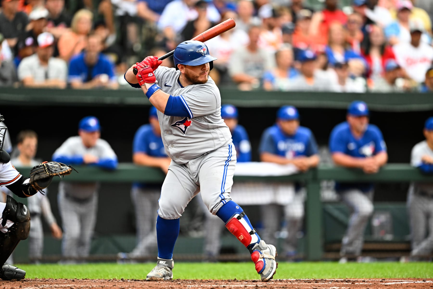 BALTIMORE, MD - SEPTEMBER 05, 2022: Alejandro Kirk #30 of the Toronto Blue Jays bats during the third inning against the Baltimore Orioles at Oriole Park at Camden Yards on September 5, 2022 in Baltimore, Maryland. (Photo by Chris Bernacchi/Diamond Images via Getty Images)