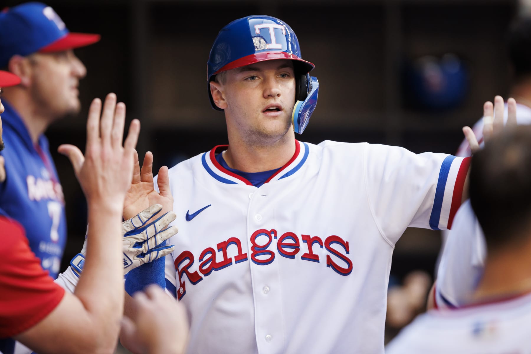 ARLINGTON, TX - OCTOBER 05: Josh Jung #6 of the Texas Rangers reacts in the dugout during a game against the New York Yankees at Globe Life Field on October 5, 2022 in Arlington, Texas. (Photo by Ben Ludeman/Texas Rangers/Getty Images)