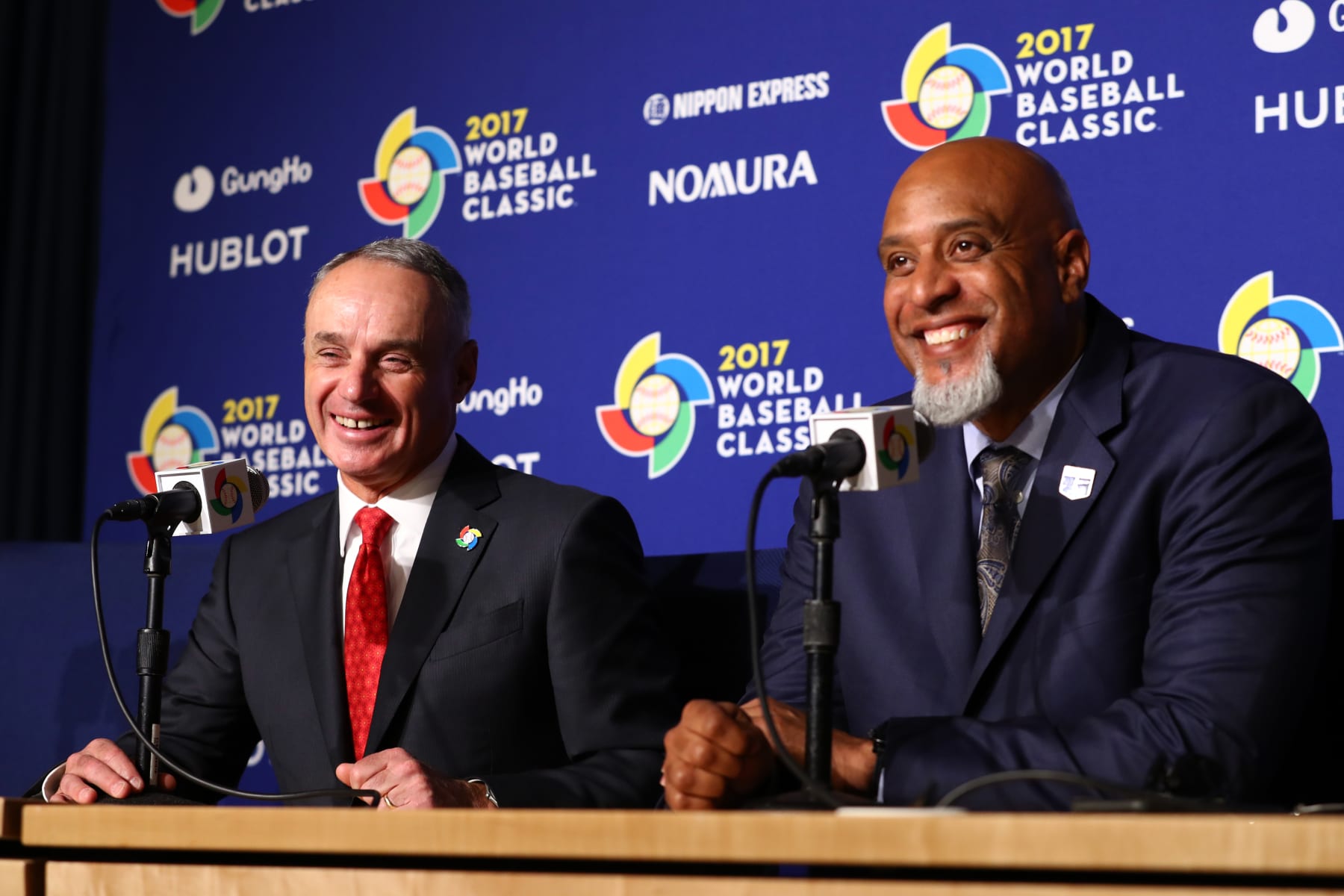 LOS ANGELES, CA - MARCH 22:  Major League Baseball Commissioner Robert D. Manfred Jr. and Major League Baseball Players Association Executive Director Tony Clark speak during a press conference before Game 3 of the Championship Round of the 2017 World Baseball Classic between Team USA and Team Puerto Rico on Wednesday, March 22, 2017 at Dodger Stadium in Los Angeles, California. (Photo by Alex Trautwig/WBCI/MLB via Getty Images) 