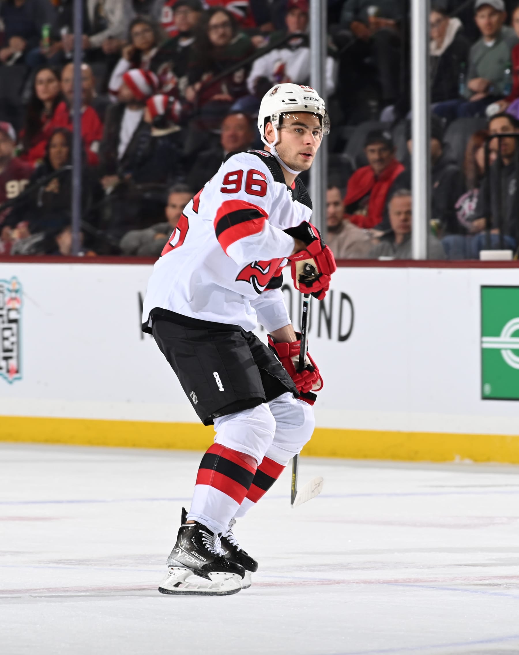 TEMPE, ARIZONA - MARCH 05: Timo Meier #96 of the New Jersey Devils skates up ice against the Arizona Coyotes at Mullett Arena on March 05, 2023 in Tempe, Arizona. (Photo by Norm Hall/NHLI via Getty Images)