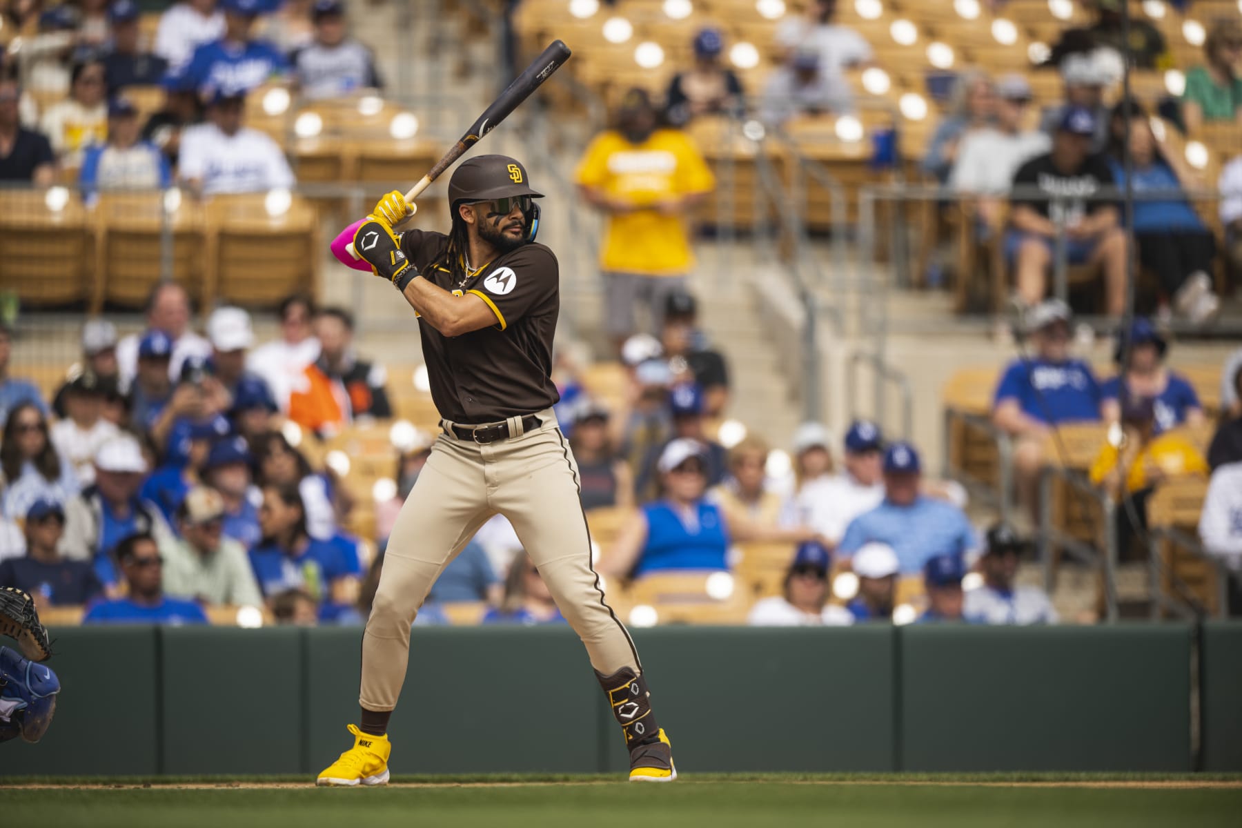 GLENDALE, AZ - MARCH 06: Fernando Tatis Jr. #23 of the San Diego Padres stands in at-bat during a Spring Training game against the Los Angeles Dodgers on March 6, 2023 in Glendale, Arizona. (Photo by Matt Thomas/San Diego Padres/Getty Images)