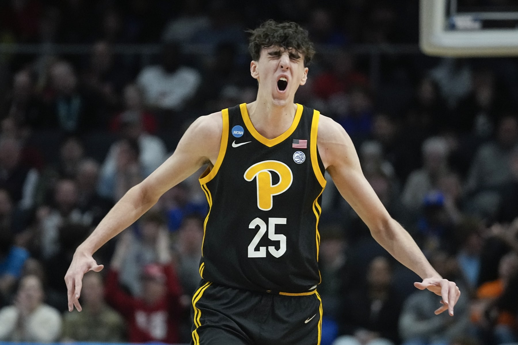 Pittsburgh's Guillermo Diaz Graham reacts after hitting a 3-point shot against Mississippi State during the first half of a First Four game against Mississippi State in the NCAA men's college basketball tournament Tuesday, March 14, 2023, in Dayton, Ohio. (AP Photo/Darron Cummings)