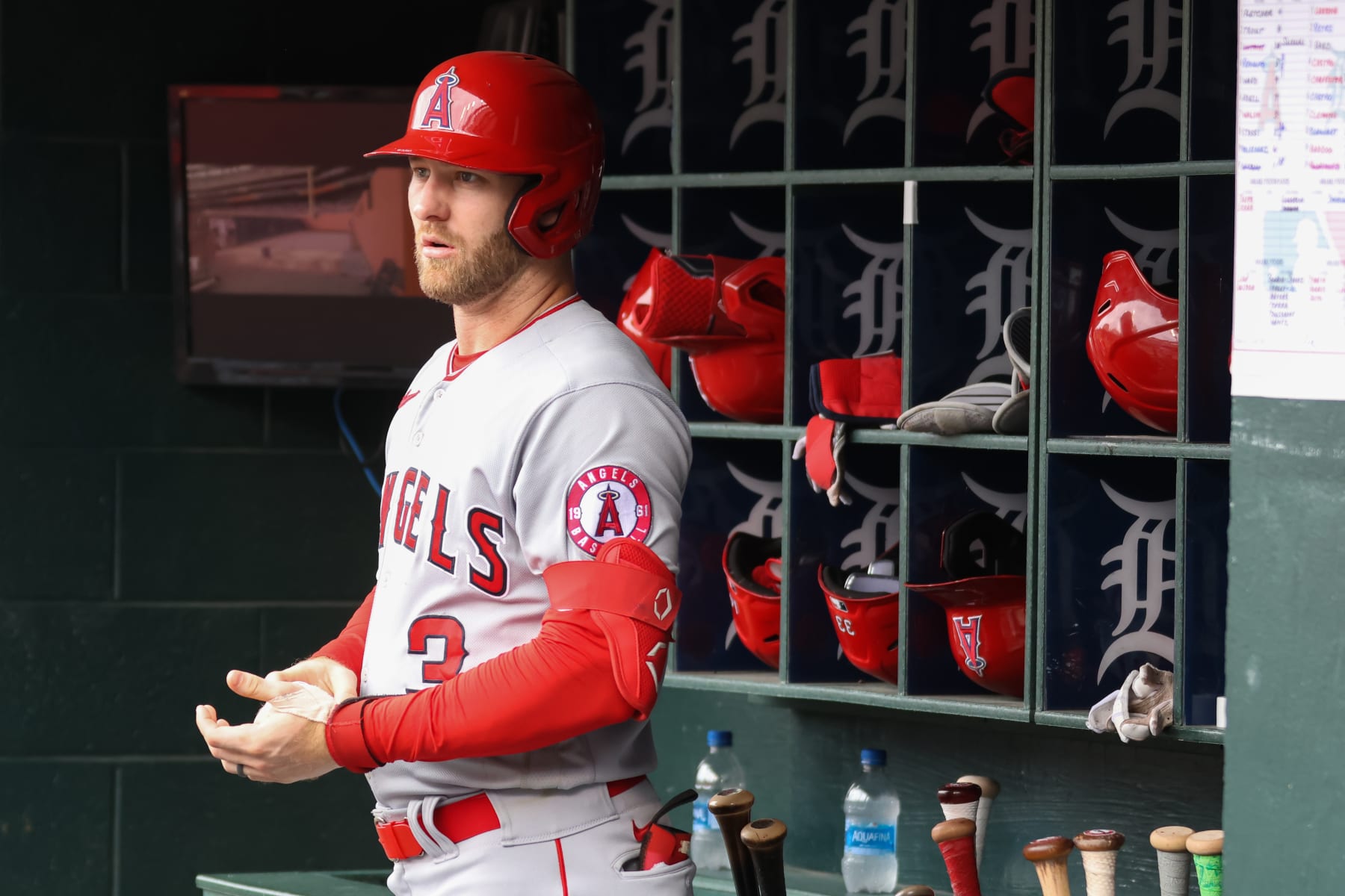 DETROIT, MI - AUGUST 21:  California Angels right fielder Taylor Ward (3) look on from the dugout during a regular season Major League Baseball game between the California Angels and the Detroit Tigers on August 21, 2022 at Comerica Park in Detroit, Michigan. (Photo by Scott W. Grau/Icon Sportswire via Getty Images)