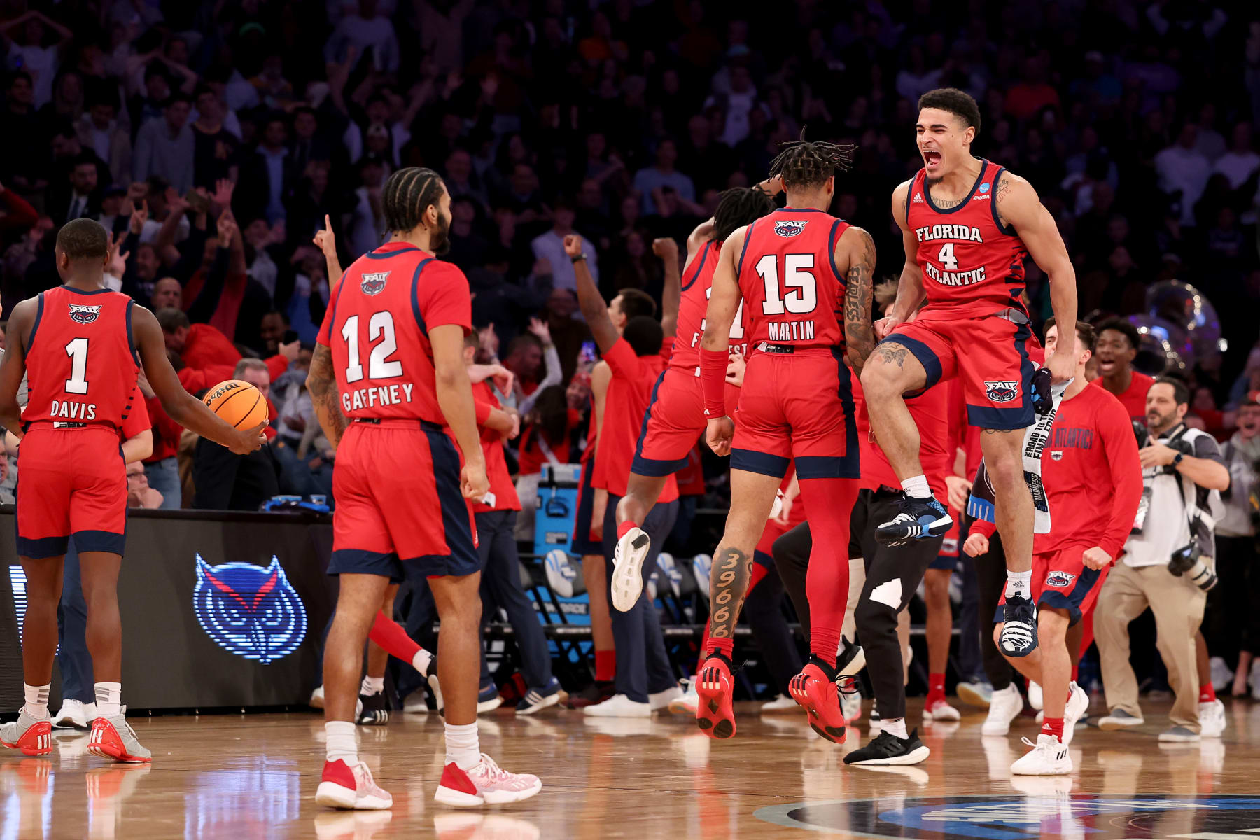 NEW YORK, NEW YORK - MARCH 25: Bryan Greenlee #4 and Alijah Martin #15 of the Florida Atlantic Owls celebrate after defeating the Kansas State Wildcats in the Elite Eight round game of the NCAA Men's Basketball Tournament at Madison Square Garden on March 25, 2023 in New York City. (Photo by Al Bello/Getty Images)