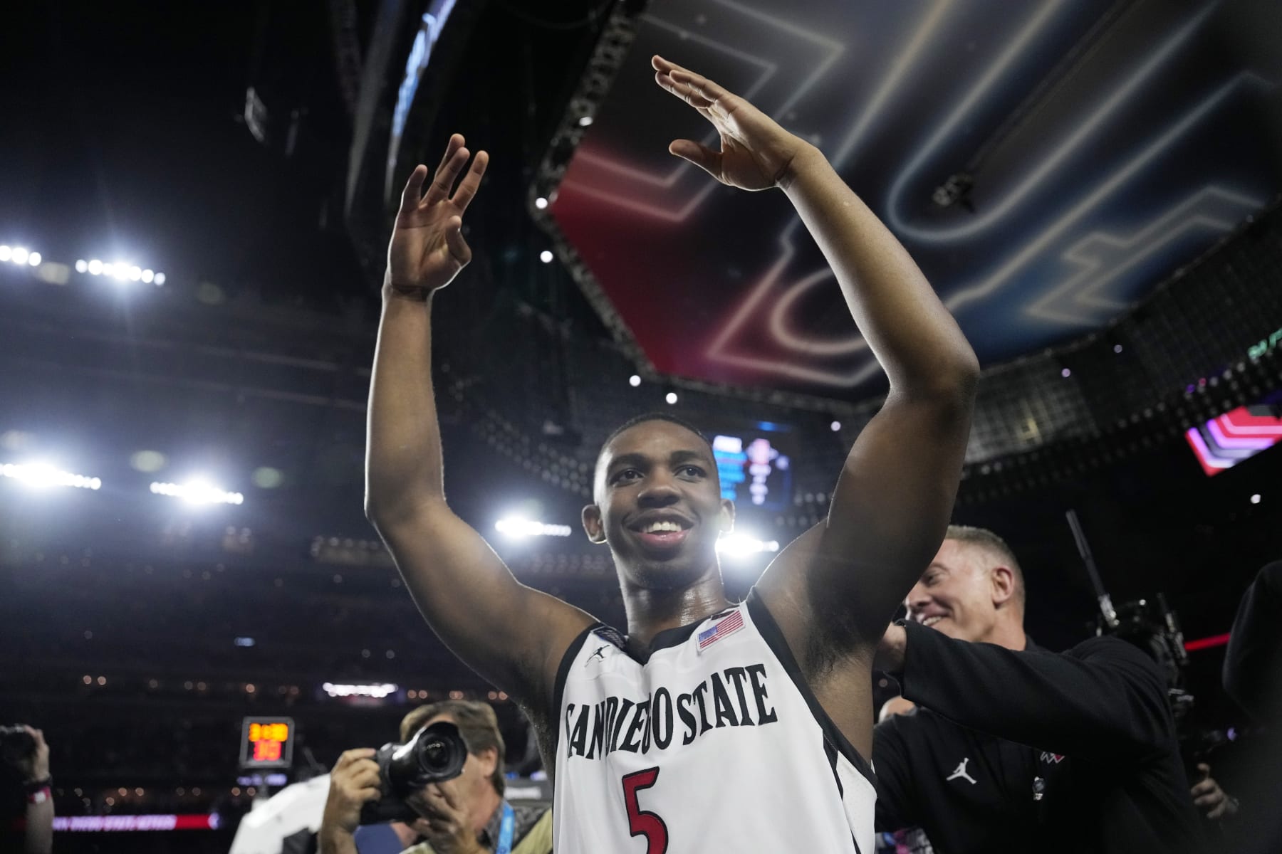 San Diego State guard Lamont Butler celebrates after scoring the game winning basket in a Final Four college basketball game against Florida Atlantic in the NCAA Tournament on Saturday, April 1, 2023, in Houston. (AP Photo/David J. Phillip)