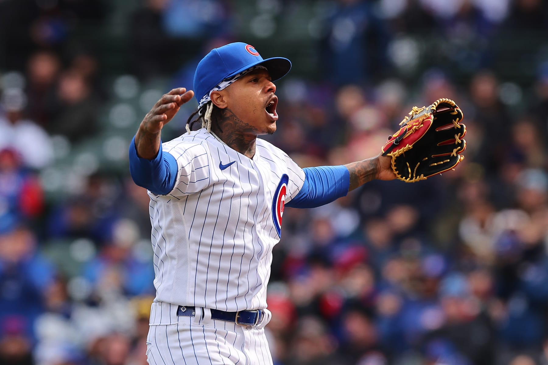 CHICAGO, ILLINOIS - MARCH 30: Marcus Stroman #0 of the Chicago Cubs celebrates after retiring the side in the sixth inning against the Milwaukee Brewers at Wrigley Field on March 30, 2023 in Chicago, Illinois. (Photo by Michael Reaves/Getty Images)