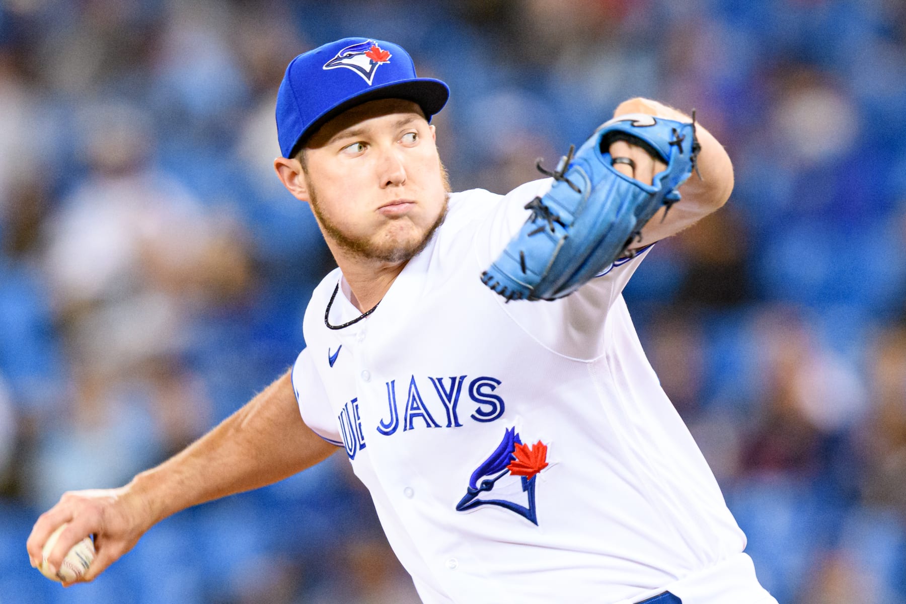 TORONTO, ON - SEPTEMBER 28: Toronto Blue Jays Pitcher Nate Pearson (24) throws a pitch during the MLB baseball regular season game between the New York Yankees and the Toronto Blue Jays on September 28, 2021, at Rogers Centre in Toronto, ON, Canada. (Photo by Julian Avram/Icon Sportswire via Getty Images)