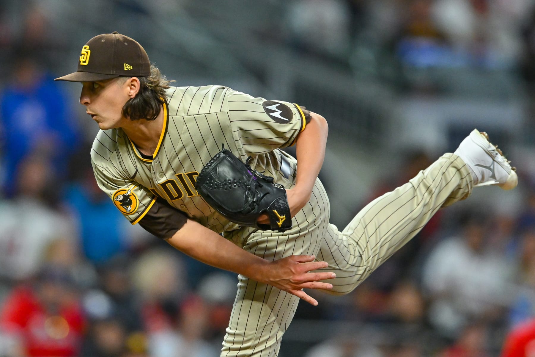 ATLANTA, GA  APRIL 07:  San Diego relief pitcher Brent Honeywell (45) throws a pitch during the MLB game between the San Diego Padres and the Atlanta Braves on April 7th, 2023 at Truist Park in Atlanta, GA. (Photo by Rich von Biberstein/Icon Sportswire via Getty Images)