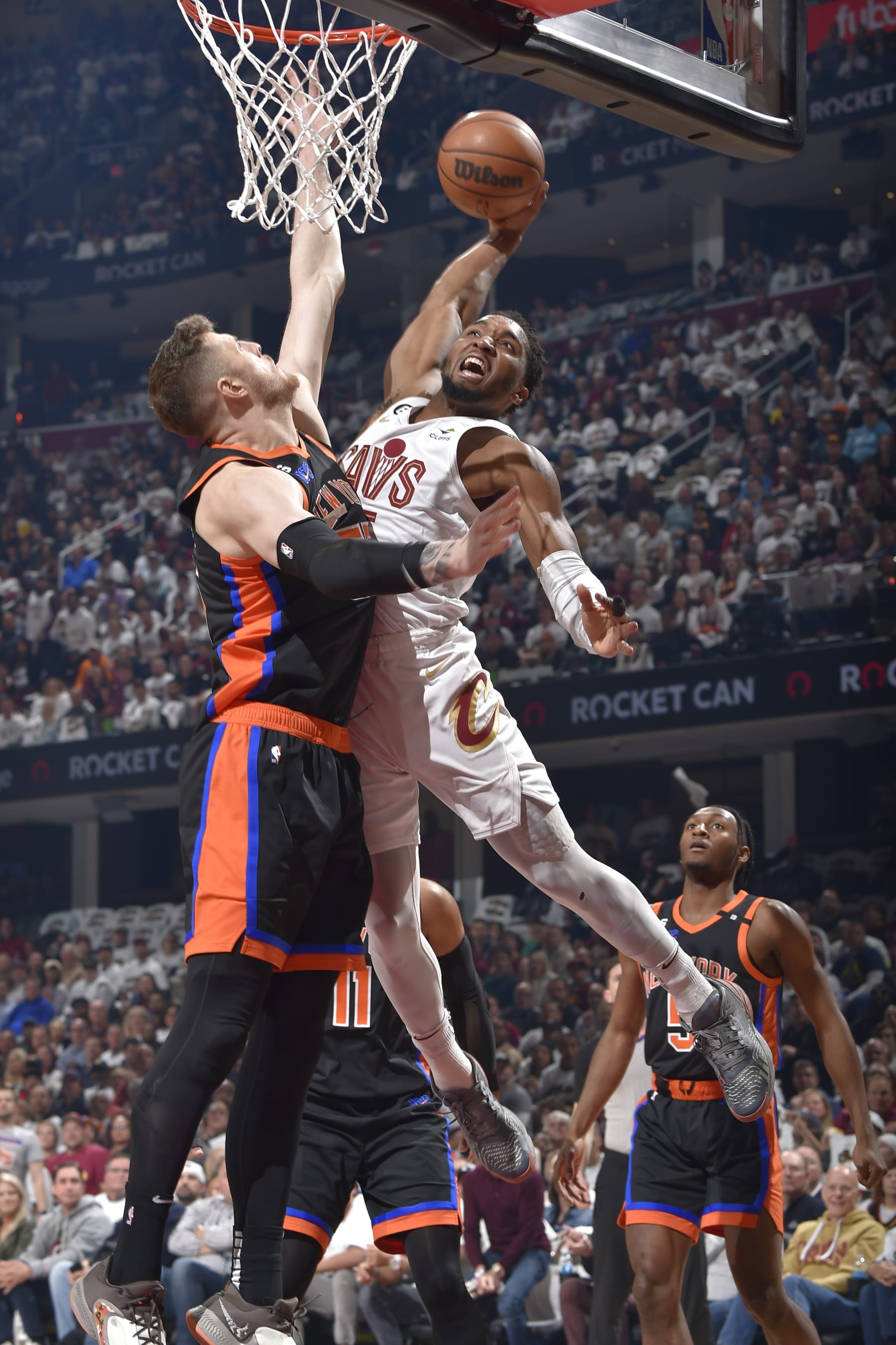 CLEVELAND, OH - APRIL 18: Donovan Mitchell #45 of the Cleveland Cavaliers drives to the basket during Round One Game Two of the 2023 NBA Playoffs against the New York Knicks on April 18, 2023 at Rocket Mortgage FieldHouse in Cleveland, Ohio. NOTE TO USER: User expressly acknowledges and agrees that, by downloading and/or using this Photograph, user is consenting to the terms and conditions of the Getty Images License Agreement. Mandatory Copyright Notice: Copyright 2023 NBAE (Photo by David Liam Kyle/NBAE via Getty Images)