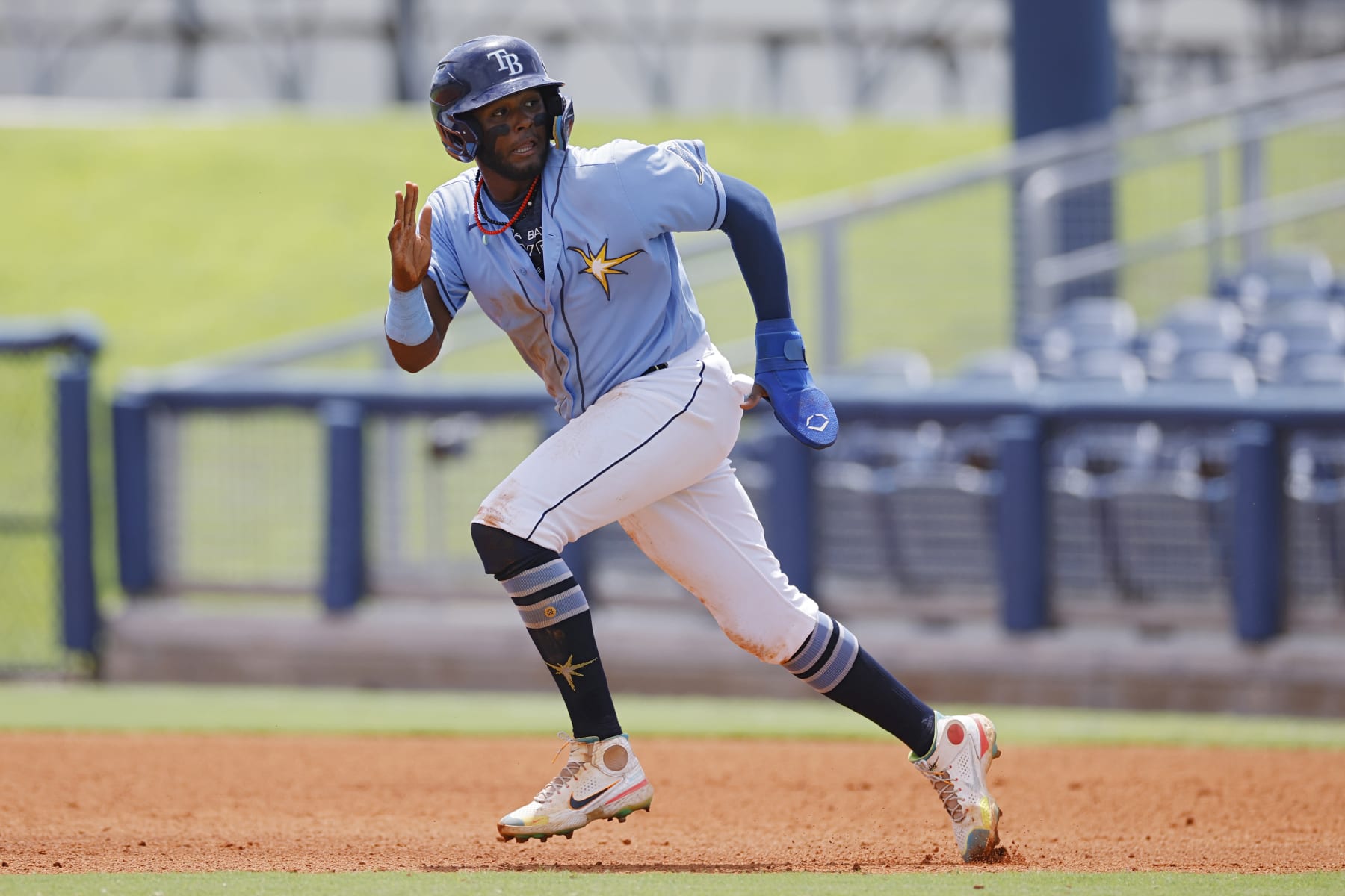 PORT CHARLOTTE, FL - AUGUST 08: FCL Tampa Bay Rays third baseman Junior Caminero (87) runs the bases during a Florida Complex League game against the FCL Baltimore Orioles on August 8, 2022 at Charlotte Sports Park in Port Charlotte, Florida. (Photo by Joe Robbins/Icon Sportswire via Getty Images)
