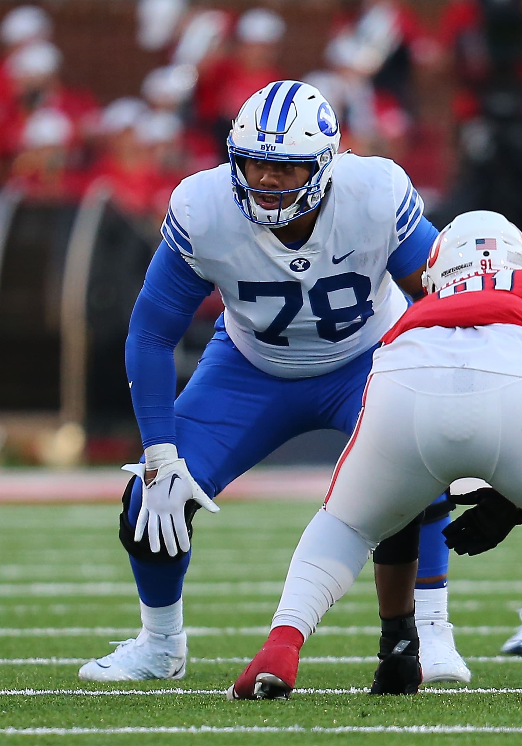 LYNCHBURG, VA - OCTOBER 22: BYU Cougars offensive lineman Kingsley Suamataia (78) in the trenches during a college football game between the BYU Cougars and the Liberty Flames on October 22, 2022, at Williams Stadium in Lynchburg, VA. (Photo by Lee Coleman/Icon Sportswire via Getty Images)