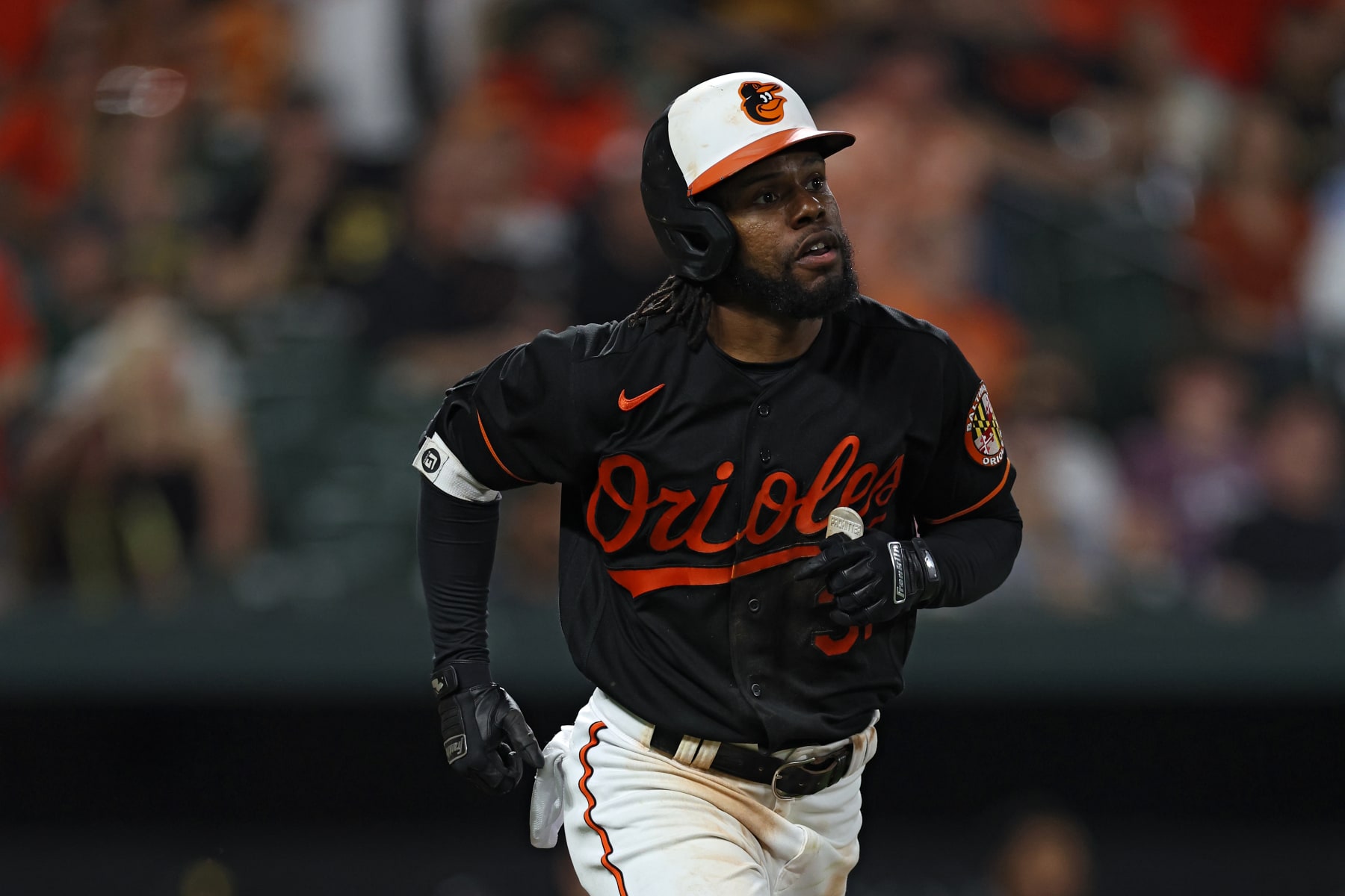 BALTIMORE, MARYLAND - MAY 12: Cedric Mullins #31 of the Baltimore Orioles watches his three run home run to complete the cycle against the Pittsburgh Pirates during the eighth inning at Oriole Park at Camden Yards on May 12, 2023 in Baltimore, Maryland. (Photo by Patrick Smith/Getty Images)