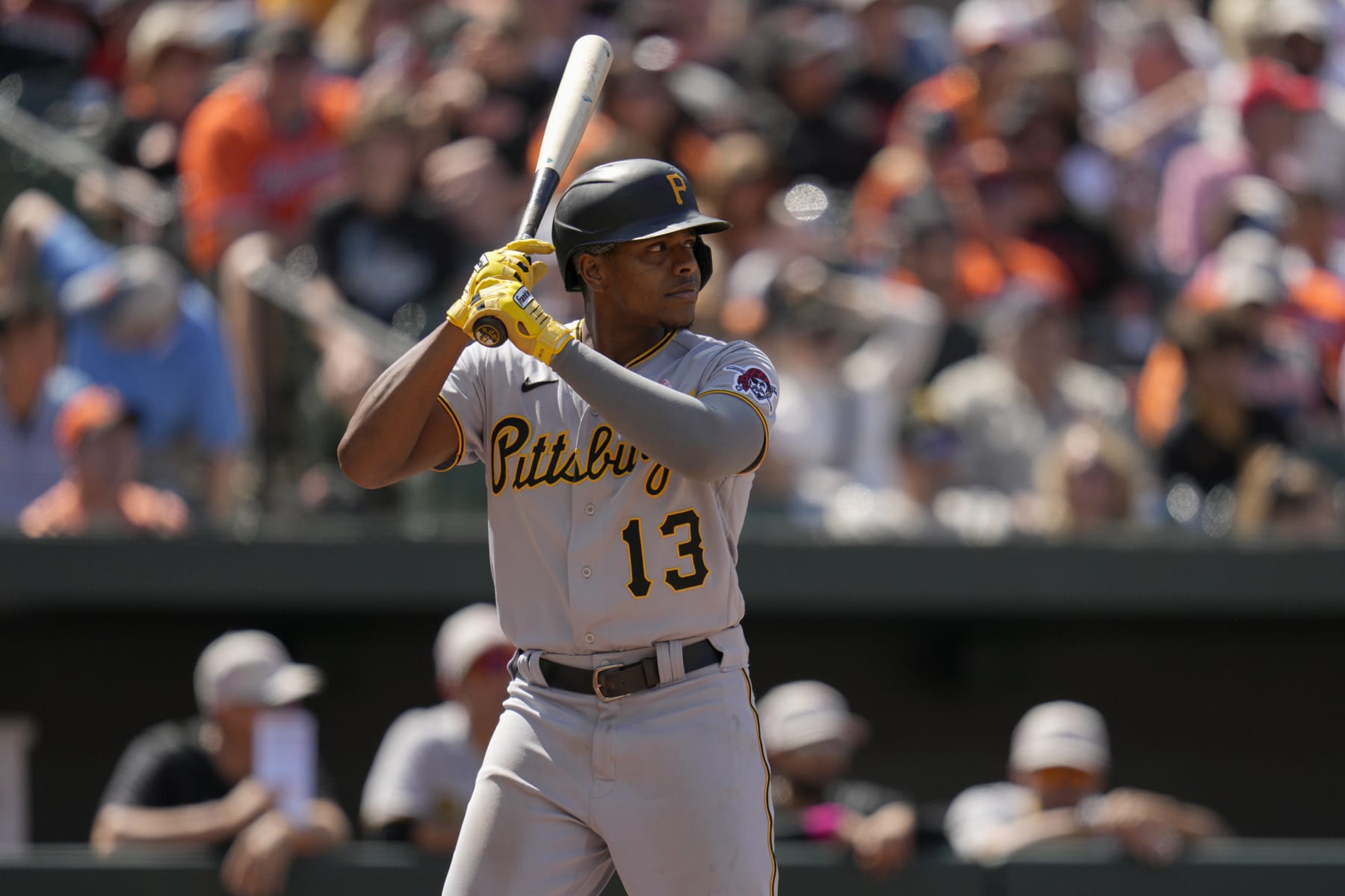 BALTIMORE, MARYLAND - MAY 14: Ke'Bryan Hayes #13 of the Pittsburgh Pirates bats against the Baltimore Orioles during the seventh inning at Oriole Park at Camden Yards on May 14, 2023 in Baltimore, Maryland. (Photo by Jess Rapfogel/Getty Images)