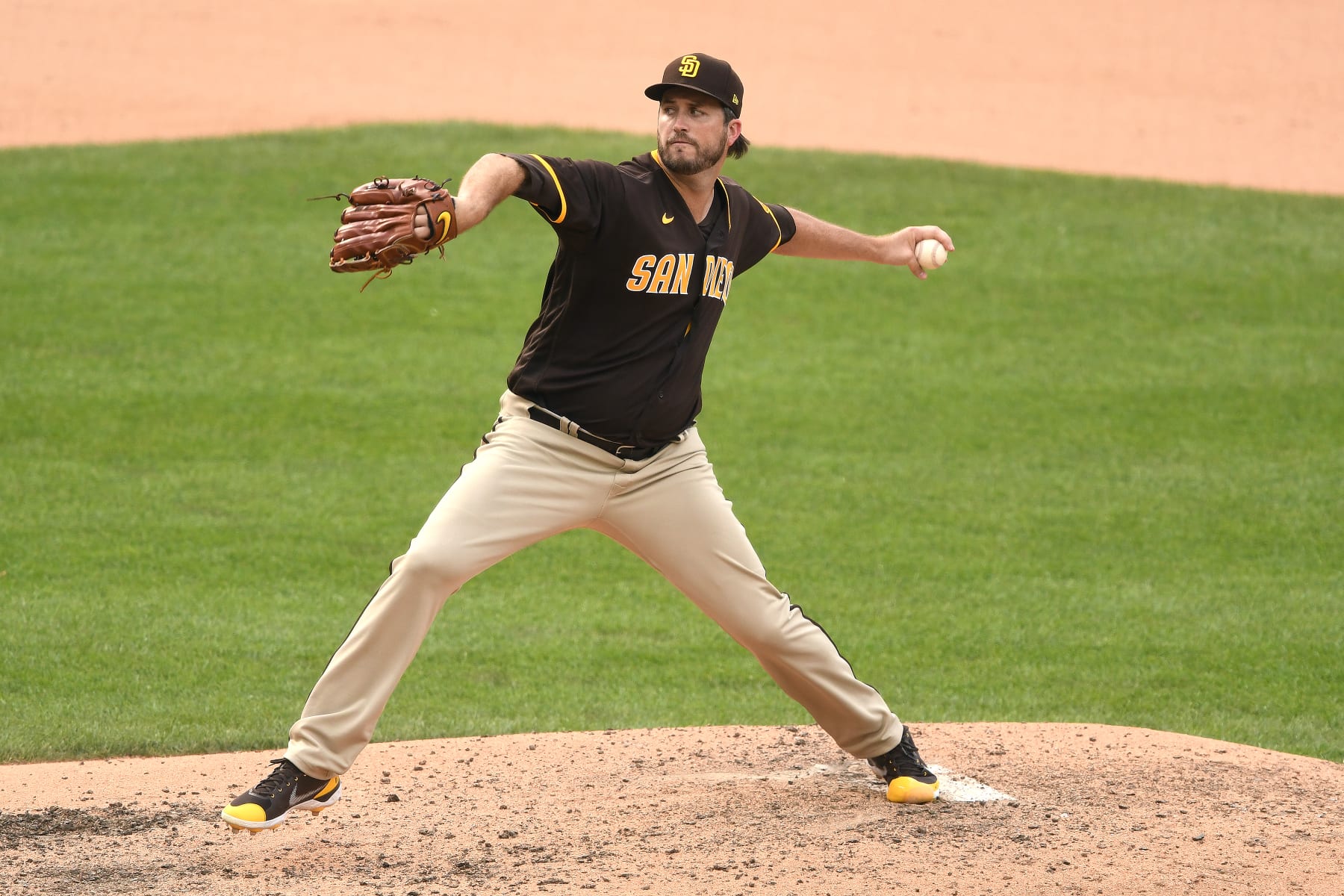 WASHINGTON, DC - JULY 18:  Drew Pomeranz #15 of the San Diego Padres pitches during a baseball game against the Washington Nationals at Nationals Park on July 18, 2021 in Washington, DC.  (Photo by Mitchell Layton/Getty Images)