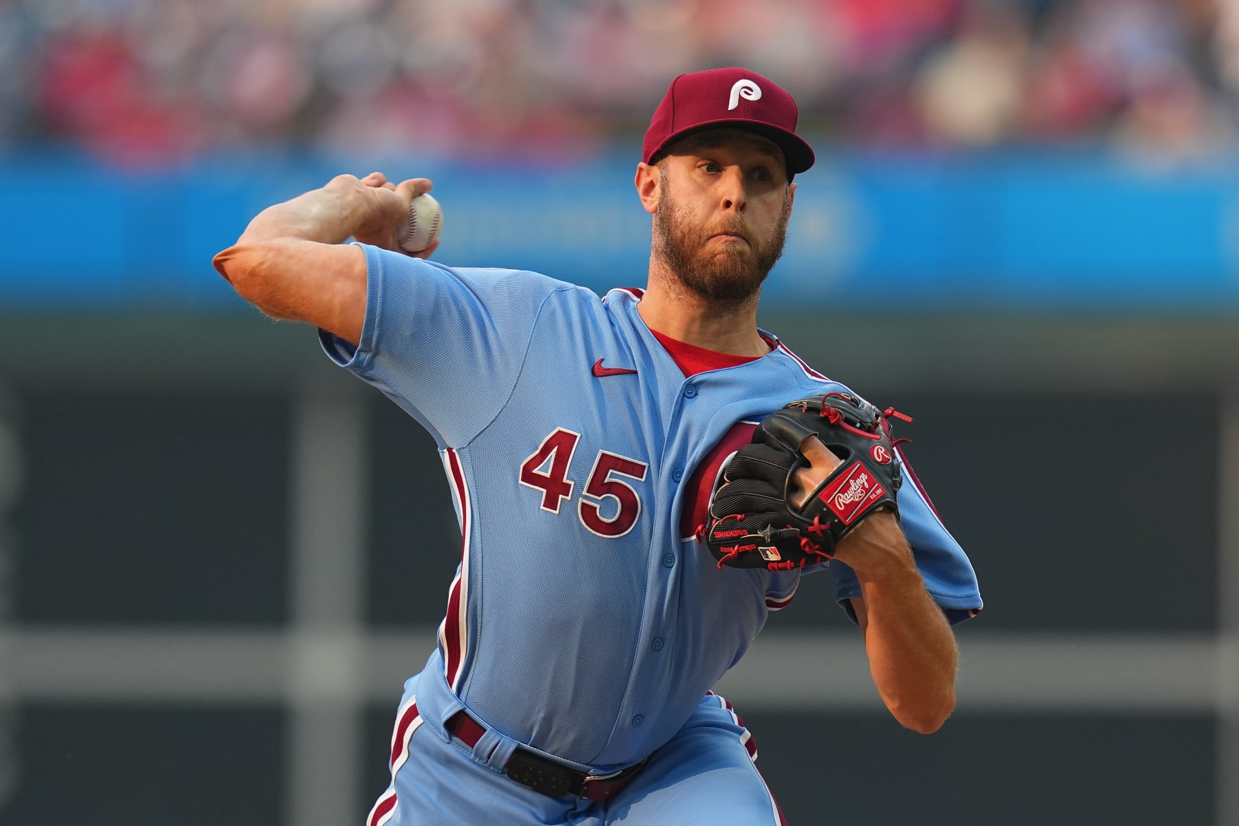 PHILADELPHIA, PENNSYLVANIA - JUNE 8: Zack Wheeler #45 of the Philadelphia Phillies throws a pitch in the top of the first inning against the Detroit Tigers at Citizens Bank Park on June 8, 2023 in Philadelphia, Pennsylvania. (Photo by Mitchell Leff/Getty Images)