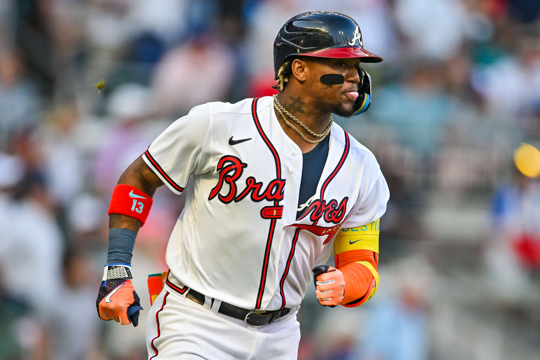 ATLANTA, GA  JUNE 27:  Atlanta right fielder Ronald Acuna Jr. (13) reacts after hitting his second home run during the MLB game between the Minnesota Twins and the Atlanta Braves on June 27th, 2023 at Truist Park in Atlanta, GA. (Photo by Rich von Biberstein/Icon Sportswire via Getty Images)