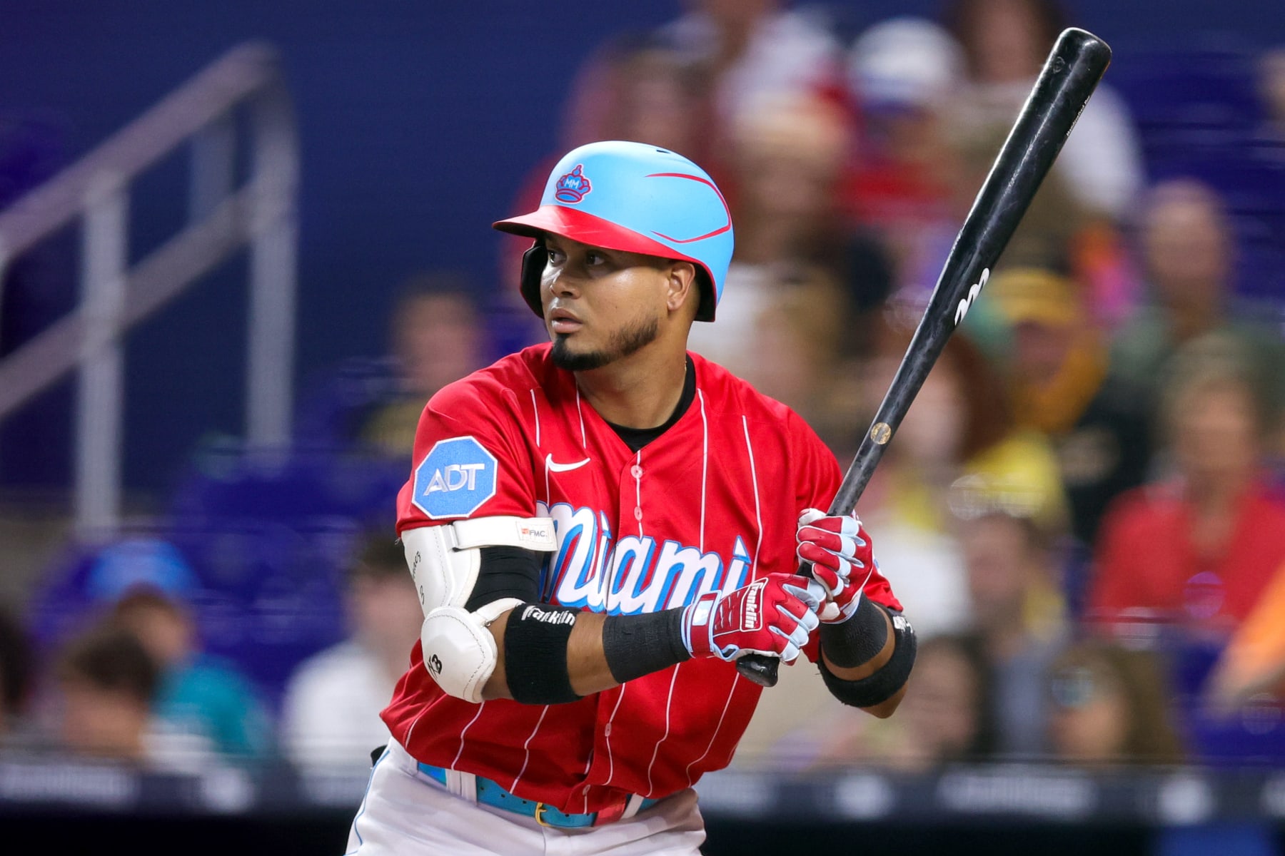 MIAMI, FLORIDA - JUNE 24: Luis Arraez #3 of the Miami Marlins at bat against the Pittsburgh Pirates during the first inning at loanDepot park on June 24, 2023 in Miami, Florida. (Photo by Megan Briggs/Getty Images)