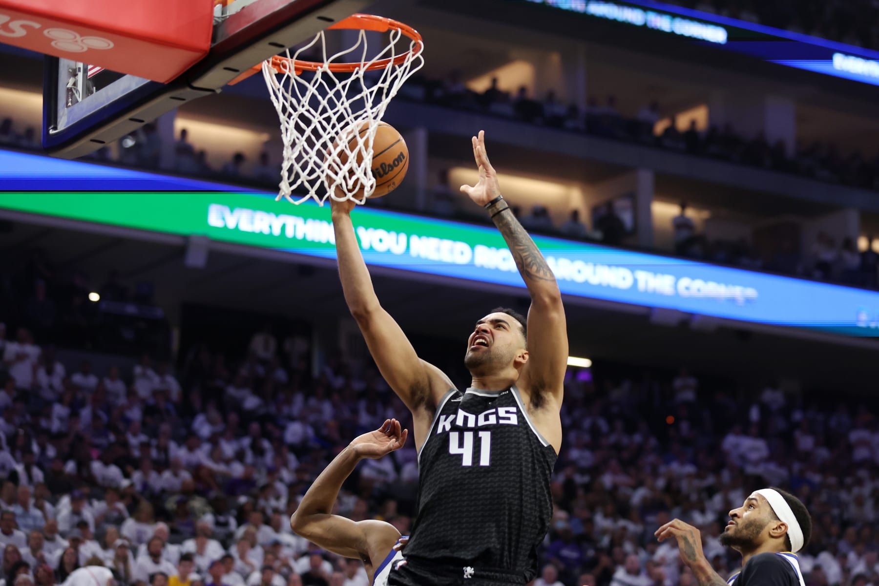SACRAMENTO, CALIFORNIA - APRIL 30: Trey Lyles #41 of the Sacramento Kings drives to the basket during the second quarter against the Golden State Warriors in game seven of the Western Conference First Round Playoffs at Golden 1 Center on April 30, 2023 in Sacramento, California. NOTE TO USER: User expressly acknowledges and agrees that, by downloading and or using this photograph, User is consenting to the terms and conditions of the Getty Images License Agreement. (Photo by Ezra Shaw/Getty Images)