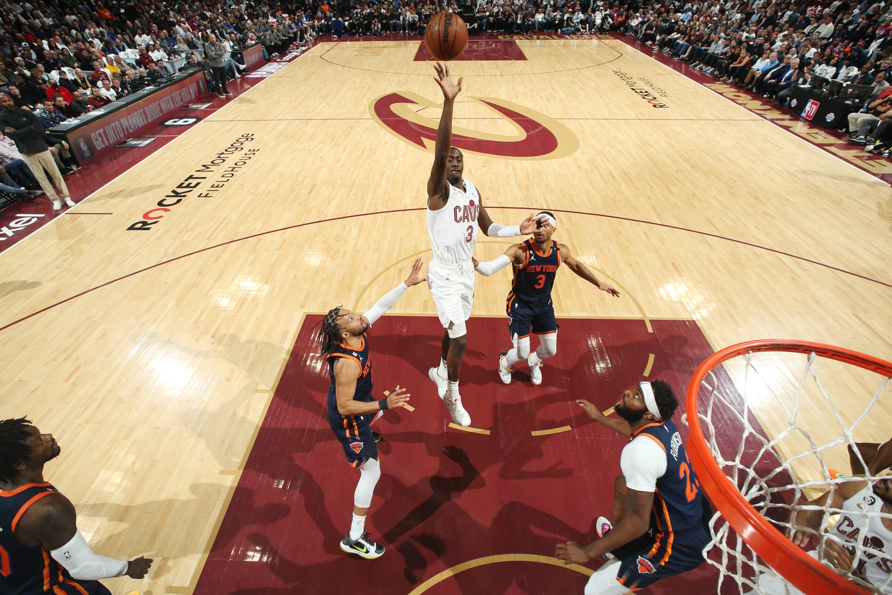 NEW YORK, NY - APRIL 26: Caris LeVert #3 of the Cleveland Cavaliers shoots the ball during Round 1 Game 5 of the 2023 NBA Playoffs against the New York Knicks on April 26, 2023 at Madison Square Garden in New York City, New York.  NOTE TO USER: User expressly acknowledges and agrees that, by downloading and or using this photograph, User is consenting to the terms and conditions of the Getty Images License Agreement. Mandatory Copyright Notice: Copyright 2023 NBAE  (Photo by Nathaniel S. Butler/NBAE via Getty Images)