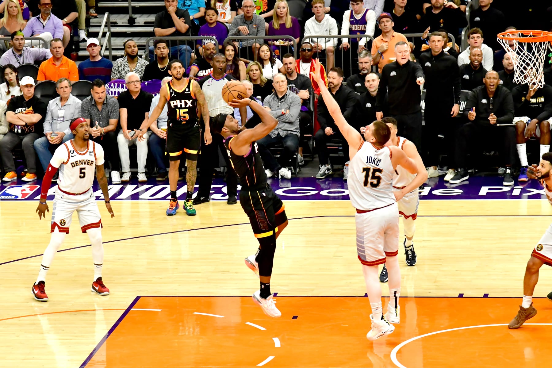 PHOENIX, AZ - MAY 5: Josh Okogie #2 of the Phoenix Suns shoots the ball during Game 3 of the 2023 NBA Playoffs Western Conference Semi-Finals against the Denver Nuggets on May 5, 2023 at Footprint Center in Phoenix, Arizona. NOTE TO USER: User expressly acknowledges and agrees that, by downloading and or using this photograph, user is consenting to the terms and conditions of the Getty Images License Agreement. Mandatory Copyright Notice: Copyright 2023 NBAE (Photo by Kate Frese/NBAE via Getty Images)