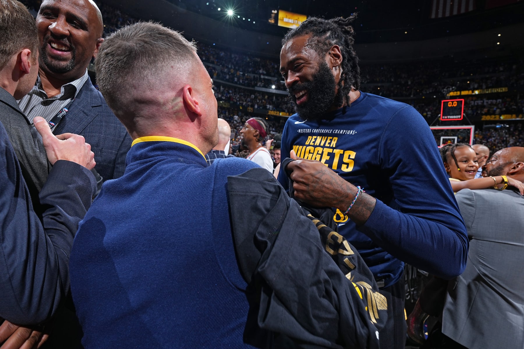 DENVER, CO - JUNE 12: DeAndre Jordan #6 of the Denver Nuggets celebrates on the court after winning Game Five of the 2023 NBA Finals against the Miami Heat on June 12, 2023 at Ball Arena in Denver, Colorado. NOTE TO USER: User expressly acknowledges and agrees that, by downloading and or using this Photograph, user is consenting to the terms and conditions of the Getty Images License Agreement. Mandatory Copyright Notice: Copyright 2023 NBAE (Photo by Garrett Ellwood/NBAE via Getty Images)