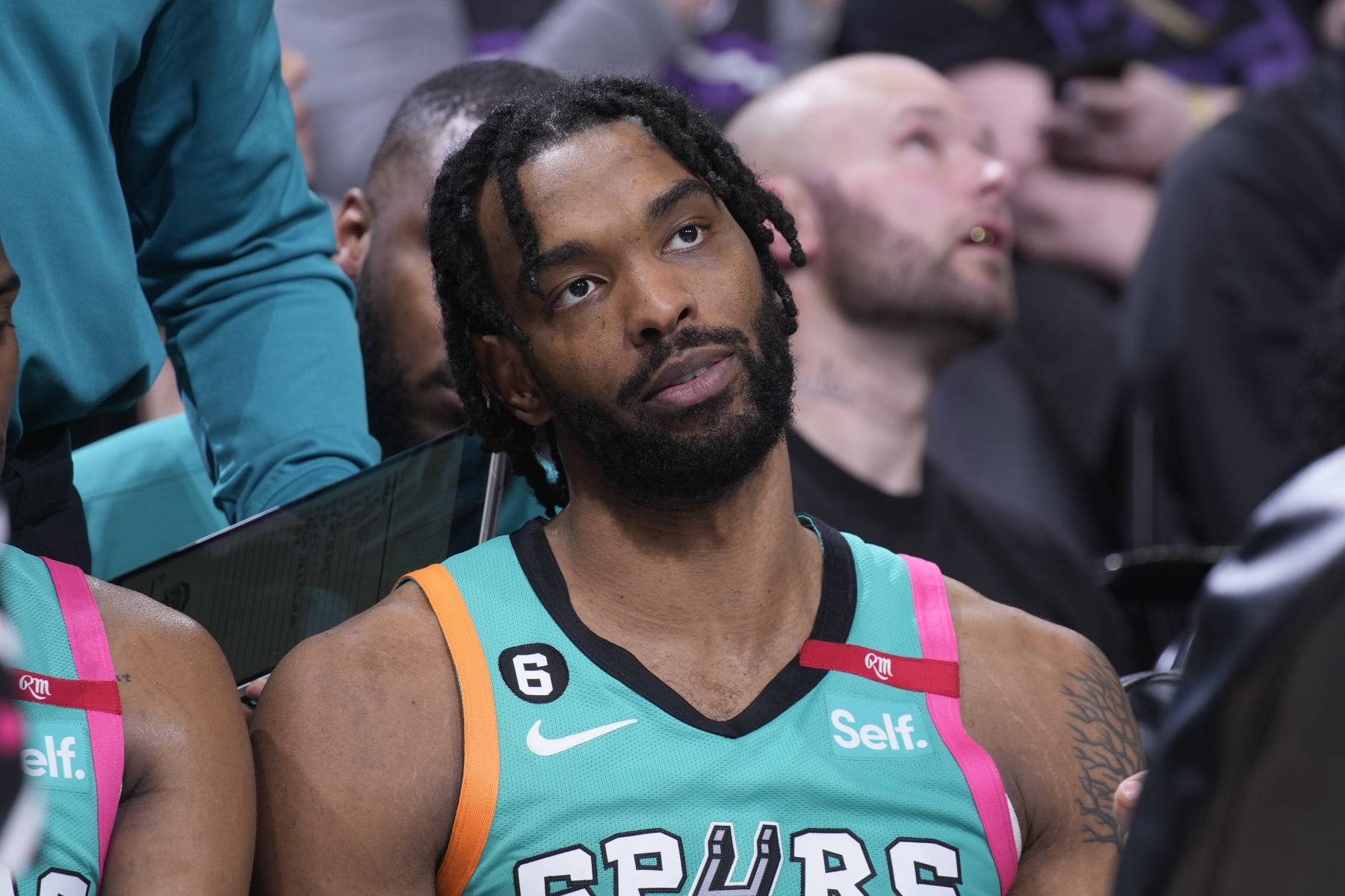 SACRAMENTO, CA - APRIL 2: Keita Bates-Diop #31 of the San Antonio Spurs looks on during the game against the Sacramento Kings on April 2, 2023 at Golden 1 Center in Sacramento, California. NOTE TO USER: User expressly acknowledges and agrees that, by downloading and or using this photograph, User is consenting to the terms and conditions of the Getty Images Agreement. Mandatory Copyright Notice: Copyright 2023 NBAE (Photo by Rocky Widner/NBAE via Getty Images)