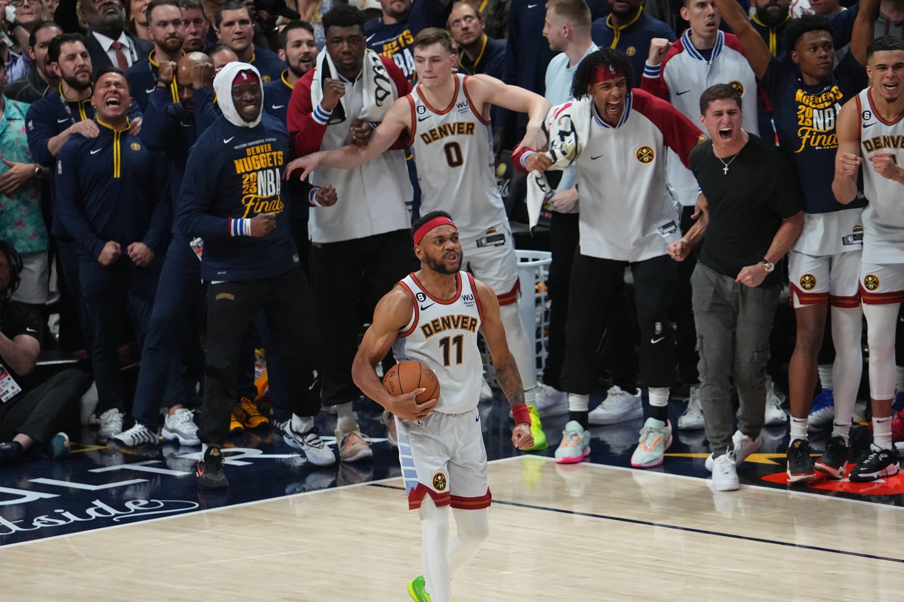 DENVER, CO - JUNE 12: Bruce Brown #11 of the Denver Nuggets reacts during Game Five of the 2023 NBA Finals against the Miami Heat on June 12, 2023 at the Ball Arena in Denver, Colorado. NOTE TO USER: User expressly acknowledges and agrees that, by downloading and/or using this Photograph, user is consenting to the terms and conditions of the Getty Images License Agreement. Mandatory Copyright Notice: Copyright 2023 NBAE (Photo by Bart Young/NBAE via Getty Images)
