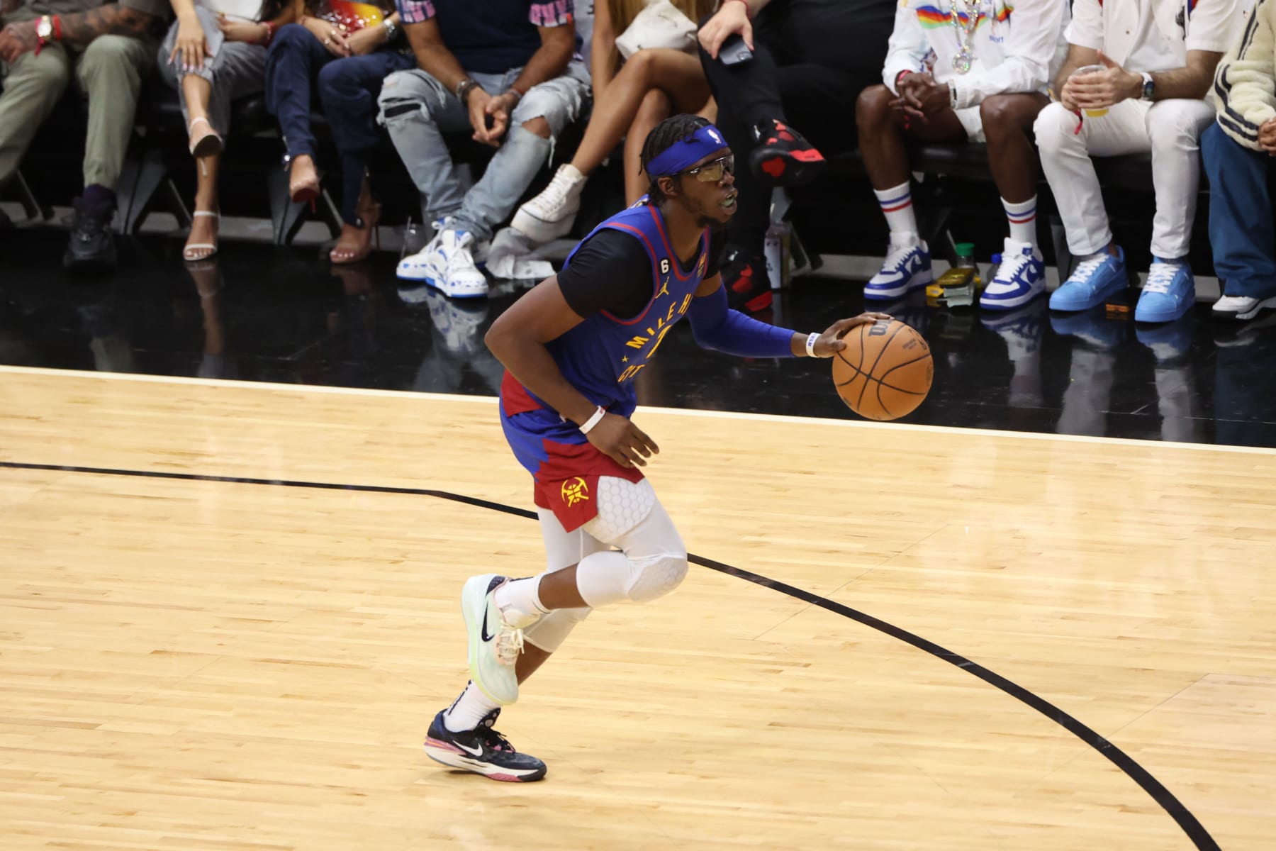 MIAMI, FL - JUNE 7: Reggie Jackson #7 of the Denver Nuggets dribbles the ball during the game against the Miami Heat during Game Three of the 2023 NBA Finals on June 7, 2023 at Kaseya Center in Miami, Florida. NOTE TO USER: User expressly acknowledges and agrees that, by downloading and or using this Photograph, user is consenting to the terms and conditions of the Getty Images License Agreement. Mandatory Copyright Notice: Copyright 2023 NBAE (Photo by Joe Murphy/NBAE via Getty Images)