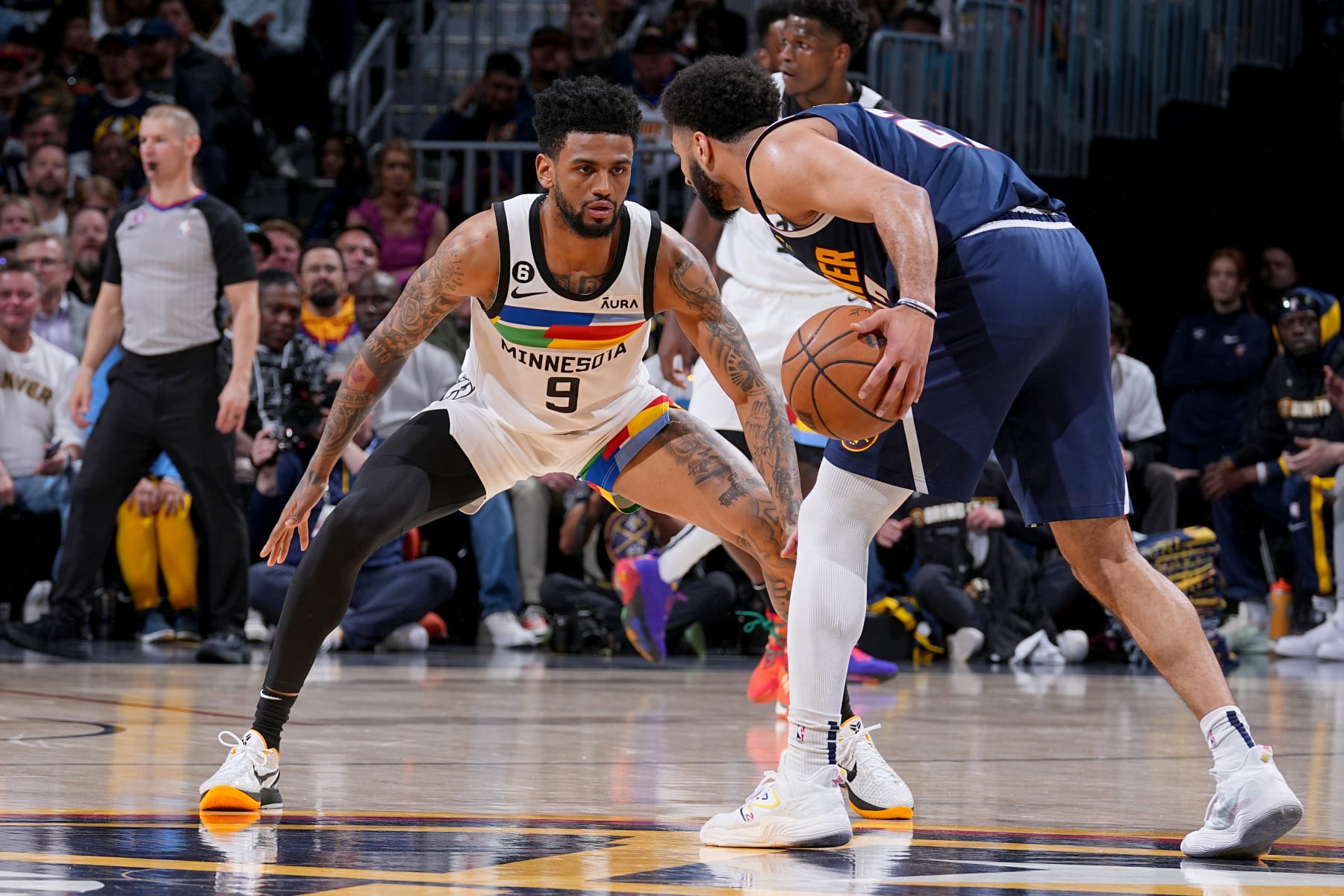 DENVER, CO - APRIL 19:  Nickeil Alexander-Walker #9 of the Minnesota Timberwolves plays defense against the Denver Nuggets during Round One Game Two of the 2023 NBA Playoffs on April 19, 2023 at the Ball Arena in Denver, Colorado. NOTE TO USER: User expressly acknowledges and agrees that, by downloading and/or using this Photograph, user is consenting to the terms and conditions of the Getty Images License Agreement. Mandatory Copyright Notice: Copyright 2023 NBAE (Photo by Bart Young/NBAE via Getty Images)