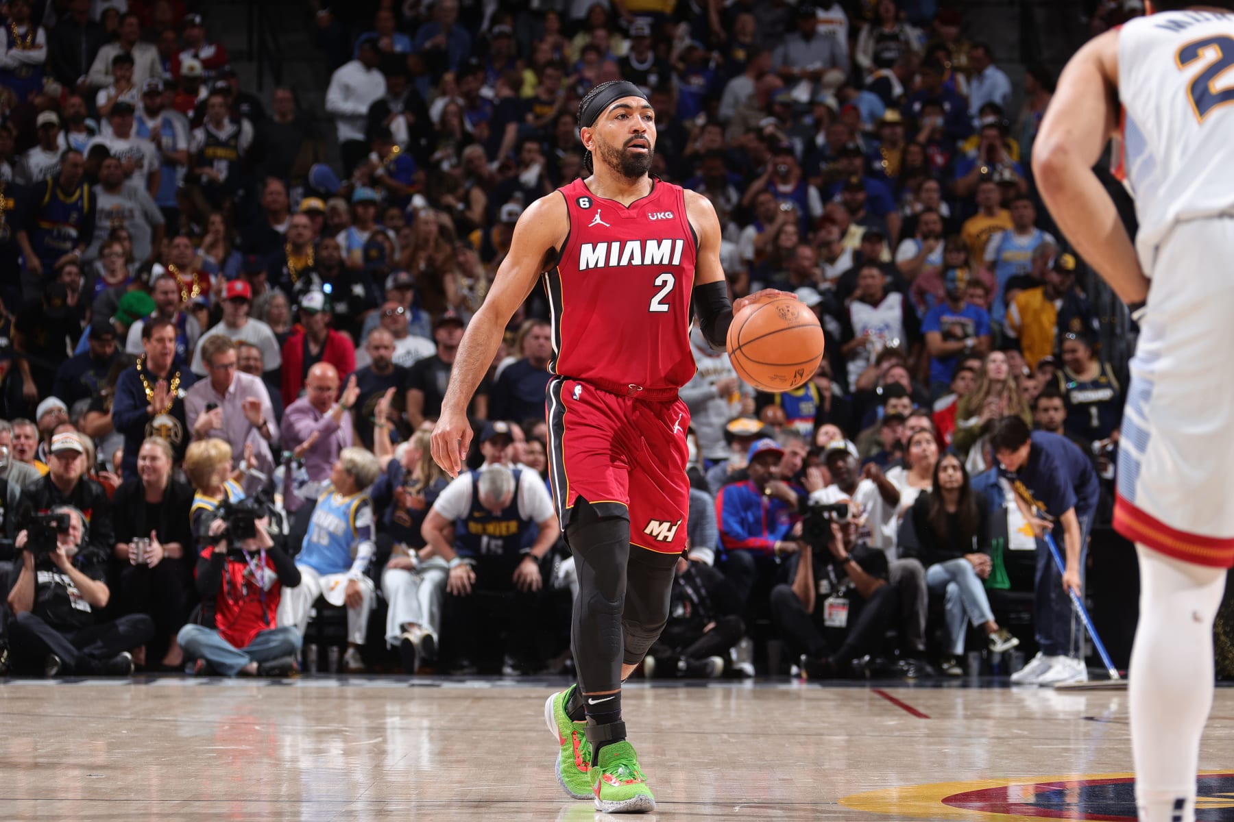 DENVER, CO - JUNE 12: Gabe Vincent #2 of the Miami Heat dribbles the ball during the game against the Denver Nuggets during Game Five of the 2023 NBA Finals on June 12, 2023 at Ball Arena in Denver, Colorado. NOTE TO USER: User expressly acknowledges and agrees that, by downloading and or using this Photograph, user is consenting to the terms and conditions of the Getty Images License Agreement. Mandatory Copyright Notice: Copyright 2023 NBAE (Photo by Nathaniel S. Butler/NBAE via Getty Images)