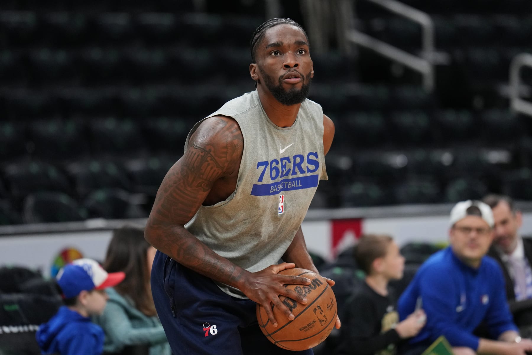 BOSTON, MA - MAY 3: Shake Milton #18 of the Philadelphia 76ers warms up before Round 2 Game 2 of the Eastern Conference Semi-Finals 2023 NBA Playoffs against the Boston Celtics on May 3, 2023 at the TD Garden in Boston, Massachusetts. NOTE TO USER: User expressly acknowledges and agrees that, by downloading and or using this photograph, User is consenting to the terms and conditions of the Getty Images License Agreement. Mandatory Copyright Notice: Copyright 2023 NBAE  (Photo by Jesse D. Garrabrant/NBAE via Getty Images)