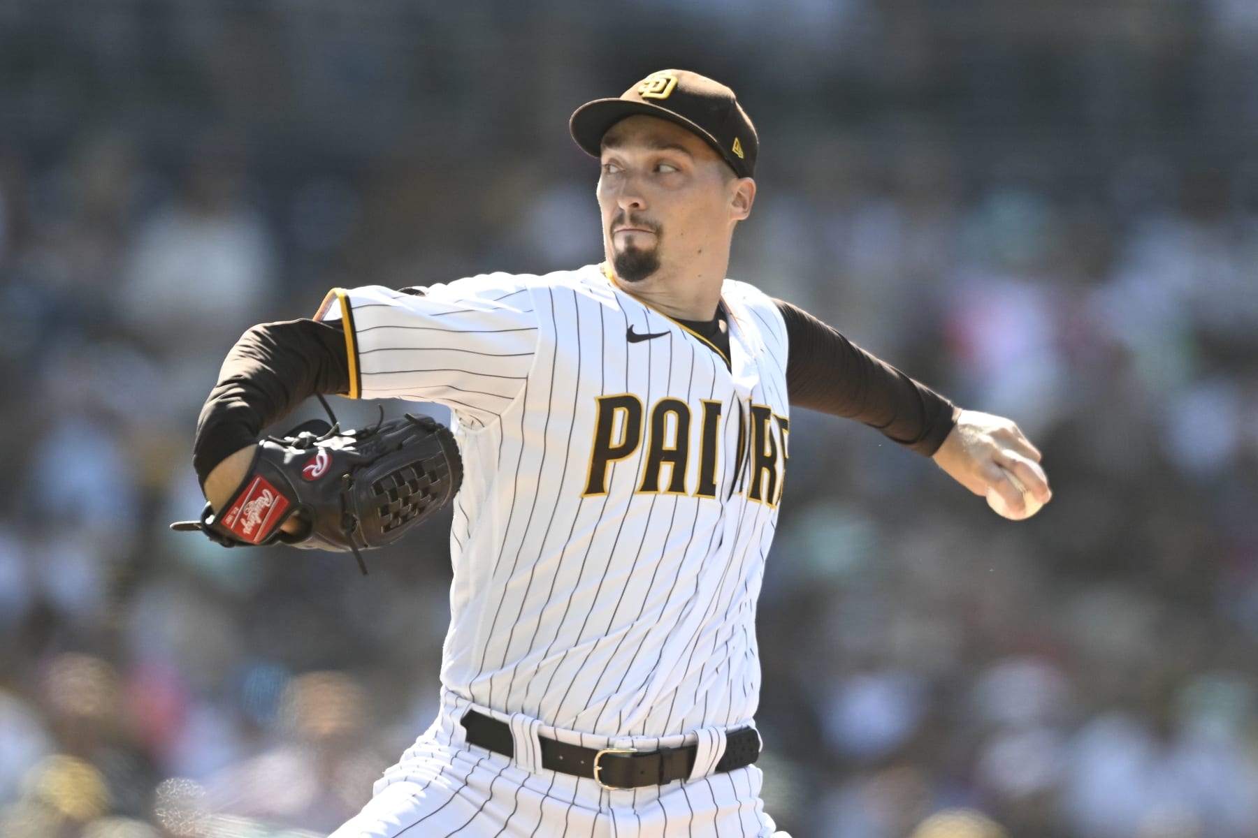 SAN DIEGO, CA - JUNE 17: Blake Snell #4 of the San Diego Padres pitches during the first inning of a baseball game against the Tampa Bay Rays June 17, 2023 at Petco Park in San Diego, California. (Photo by Denis Poroy/Getty Images)