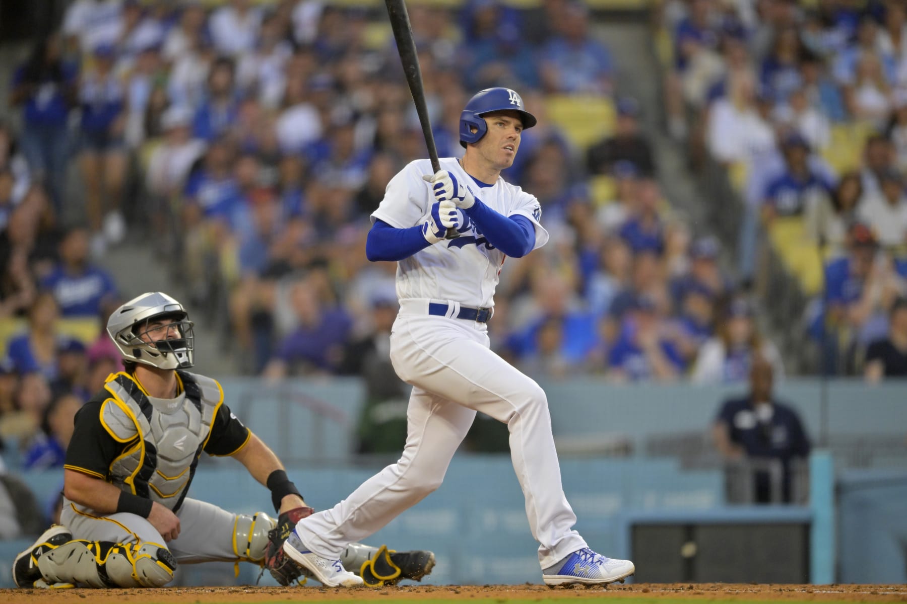 LOS ANGELES, CALIFORNIA - JULY 3: Freddie Freeman #5 of the Los Angeles Dodgers at bat against the Pittsburgh Pirates at Dodger Stadium on July 3, 2023 in Los Angeles, California. (Photo by Jayne Kamin-Oncea/Getty Images)