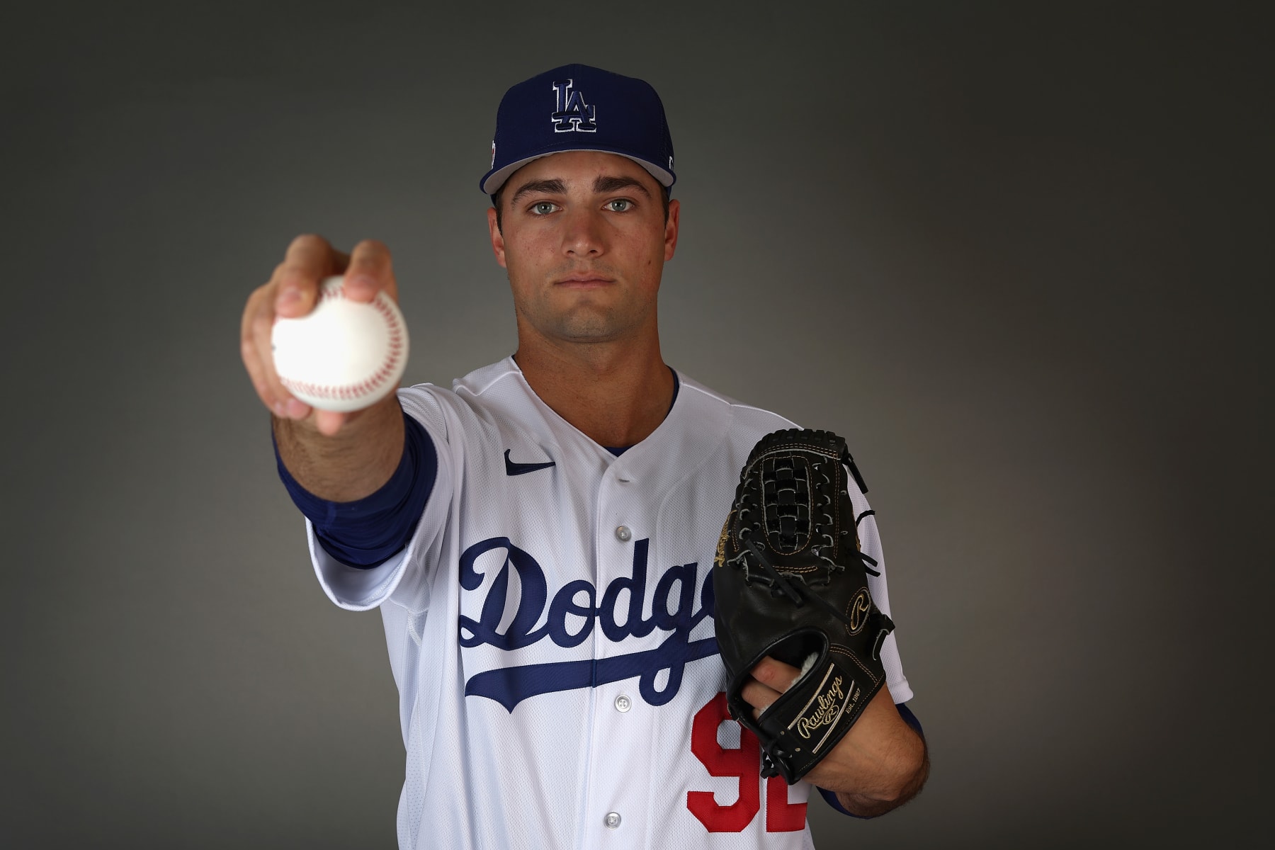 GLENDALE, ARIZONA - FEBRUARY 22:  Pitcher Nick Nastrini #92 of the Los Angeles Dodgers poses for a portrait during MLB photo day at Camelback Ranch on February 22, 2023 in Glendale, Arizona. (Photo by Christian Petersen/Getty Images)
