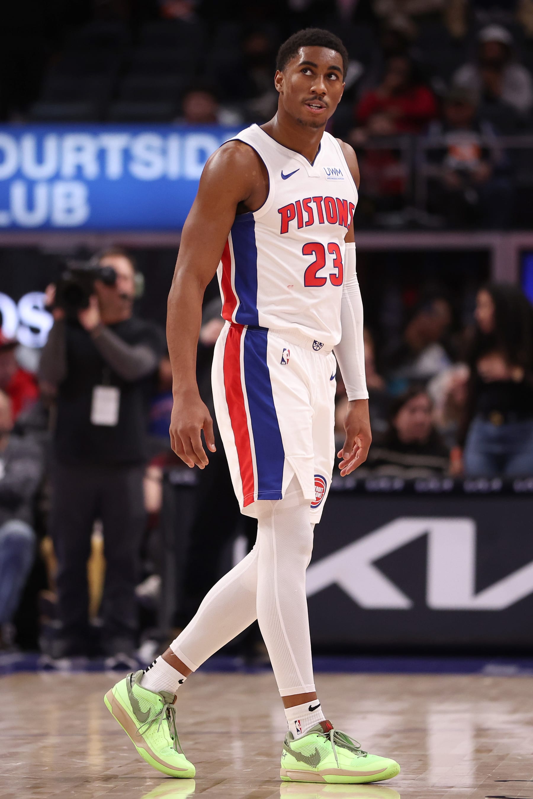 DETROIT, MICHIGAN - DECEMBER 21: Jaden Ivey #23 of the Detroit Pistons looks on in the fourth quarter on the way to a 119-111 loss to the Utah Jazz at Little Caesars Arena on December 21, 2023 in Detroit, Michigan. NOTE TO USER: User expressly acknowledges and agrees that, by downloading and or using this photograph, User is consenting to the terms and conditions of the Getty Images License Agreement. (Photo by Gregory Shamus/Getty Images)